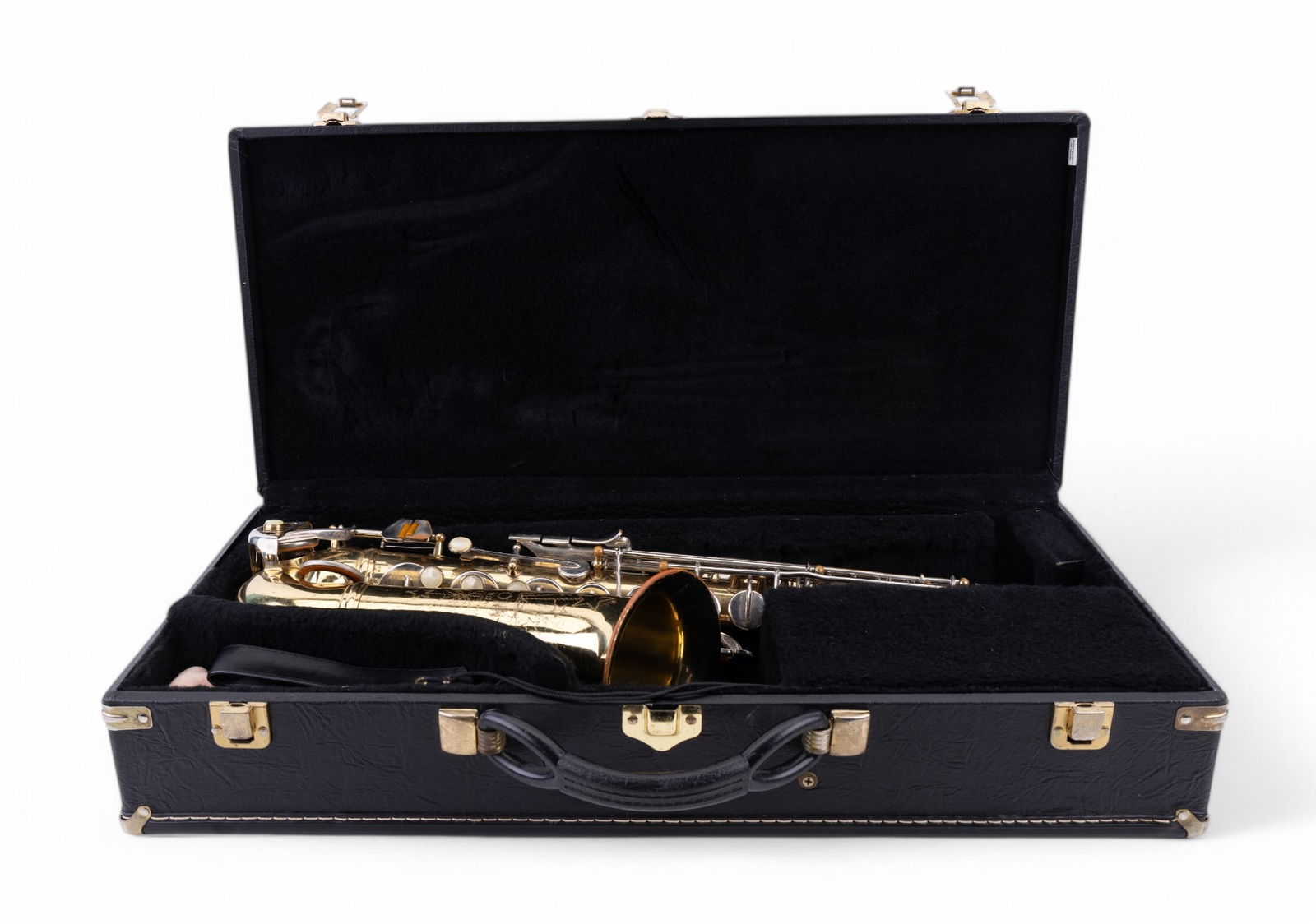 Alto Saxophone Conn Shooting Star w/ Leather Case: Vintage Conn "Shooting Star" alto saxophone w/ some accessories. Item's serial number is C57150. Saxophone has some spots of scratching & weathering. Item comes in black leather case. See photos for f