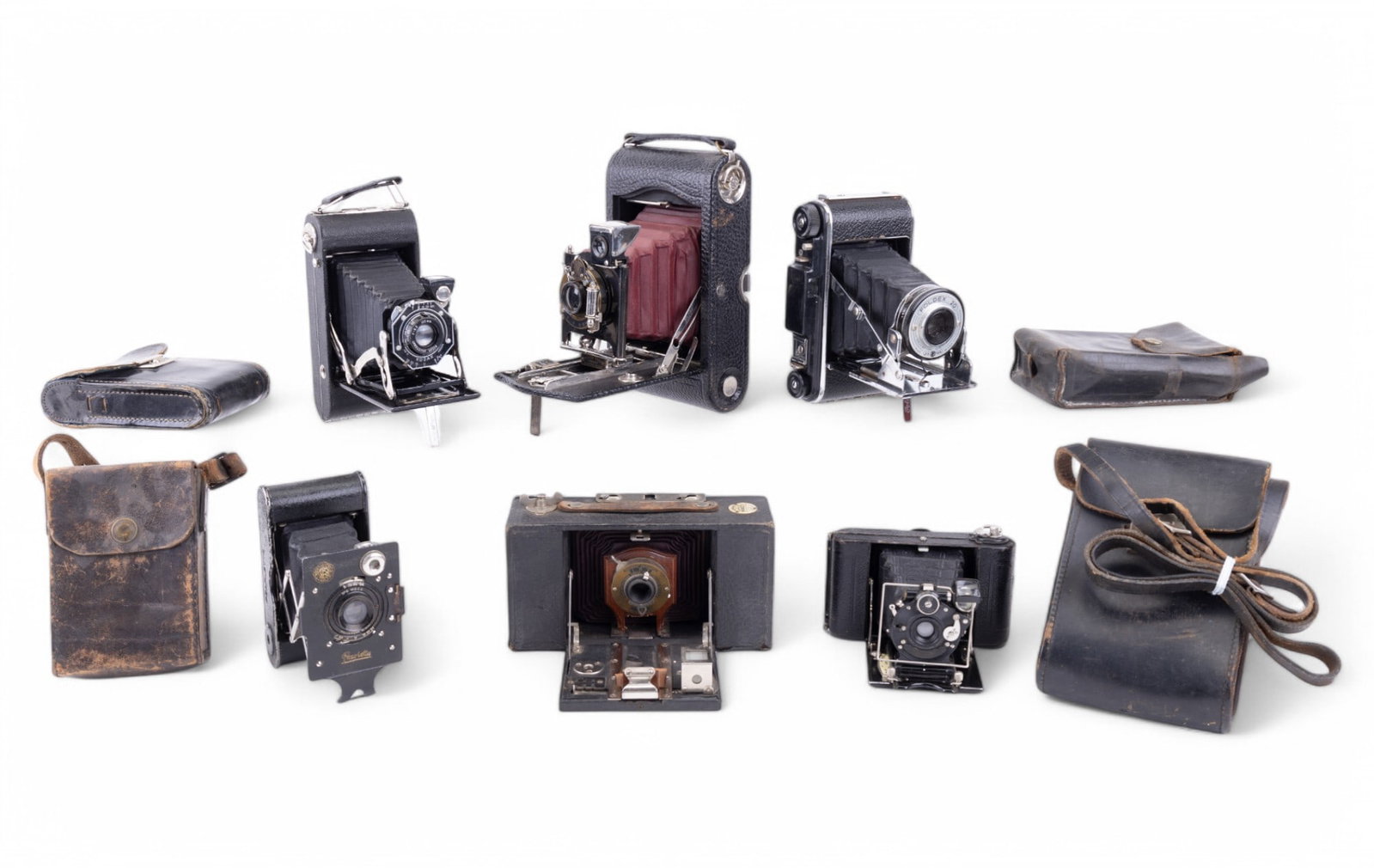 Early Kodak (3) & 3 Other Folding Cameras + Cases: Collection of 6 antique / early vintage folding cameras, including Kodak No. 3, Kodak No. 2 Folding Brownie, Kodak Junior Six-20 Series II w/ case, Pearlette w/ case, Icarette w/ case, & Foldex 20 w/ 