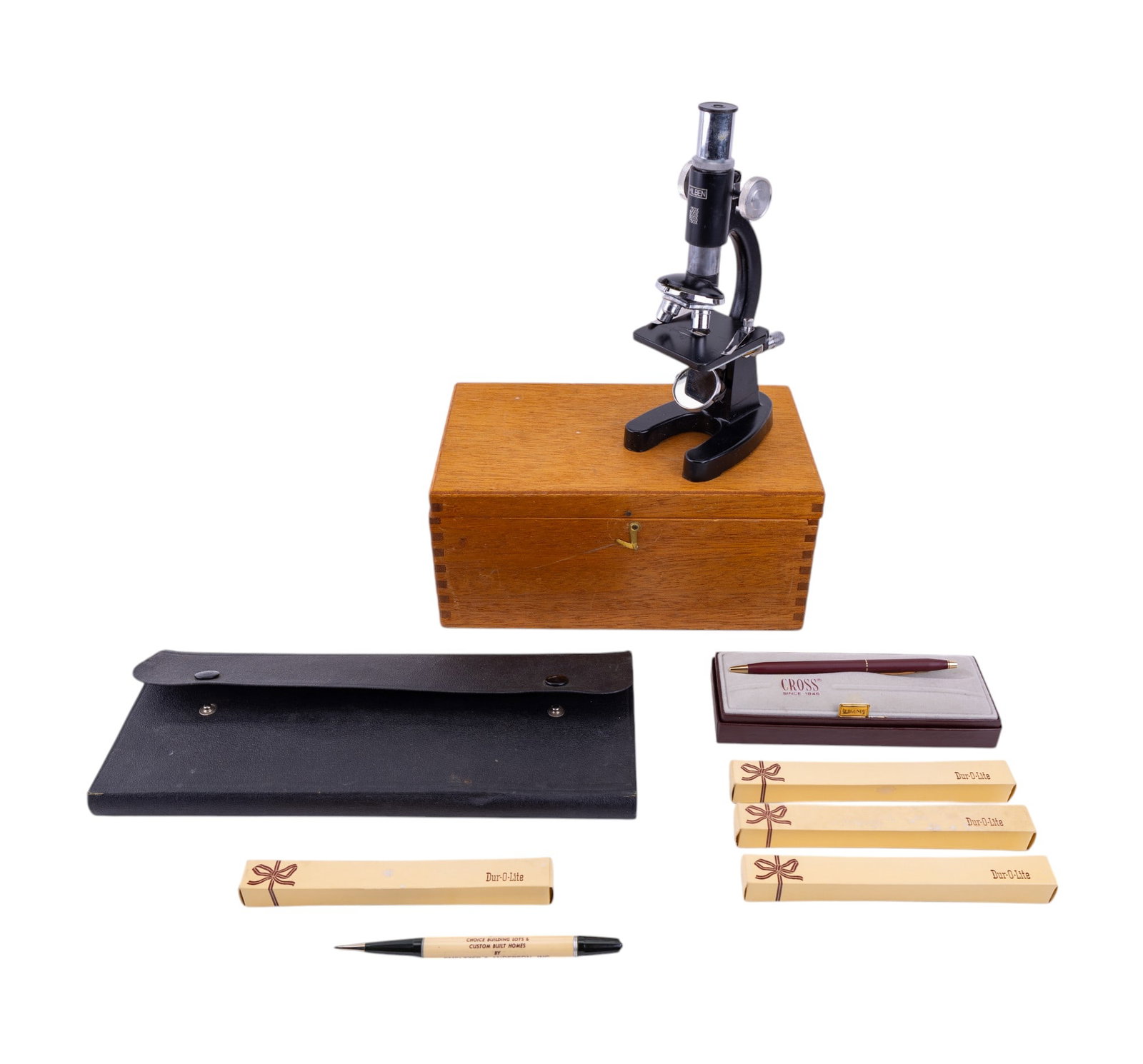 Milben Microscope, Custom Cross Pen, & Drafting: Milben microscope approx. 8.25" tall that comes in wooden box w/ Styrofoam inserts & 4 blank slides (dissection tools not included), custom burgundy Cross interchangeable 2202 ball point pen & 220305 