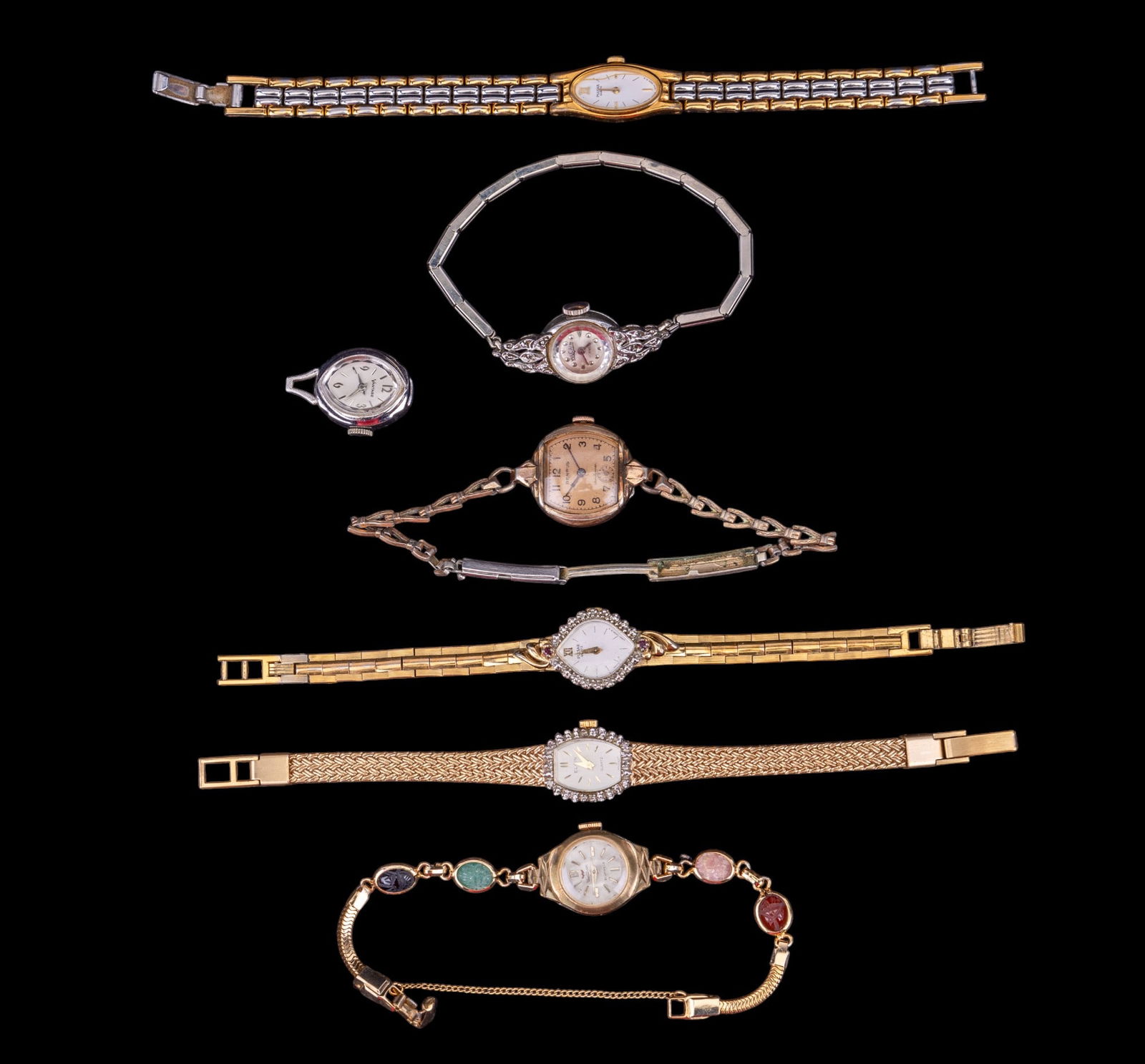 Pulsar, Benrus, Waltham, Elgin, & Ladies Watches: Pulsar ladies wrist watch with oblong face and gold and silver tone band #5N0735, Pulsar ladies watch with clear rhinestone and ruby accents LV400 L IT6A, copper tone antique Benrus ladies watch #3440