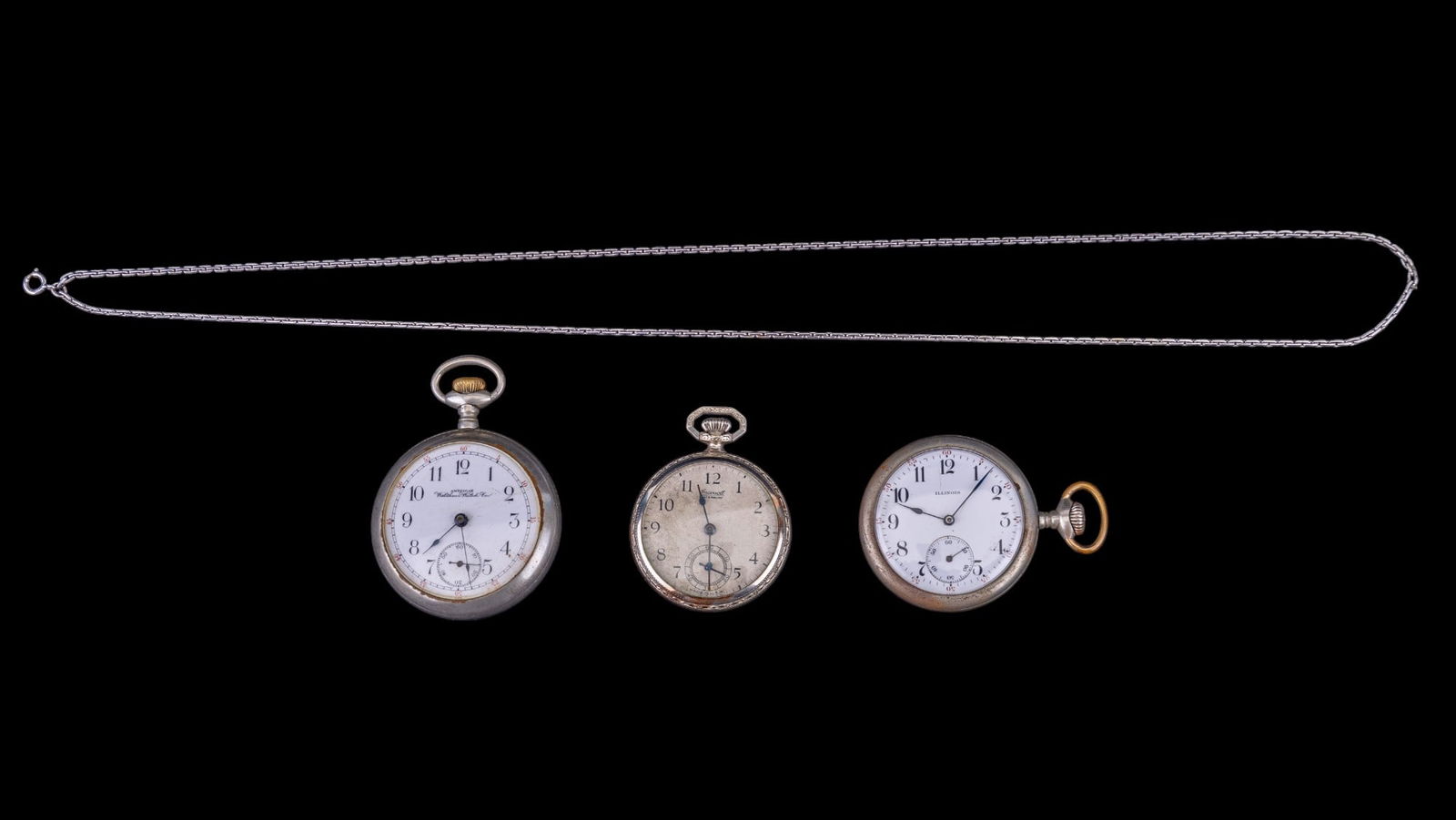 Waltham, Illinois, and Ingersoll Pocket Watches: Waltham American antique pocket watch #10833934 in a Keystone Silveroid case #9038261, Illinois Watch Coantique silver tone pocket watch #2331473in and Equity Watch Co case #135778, an Ingersoll Art D