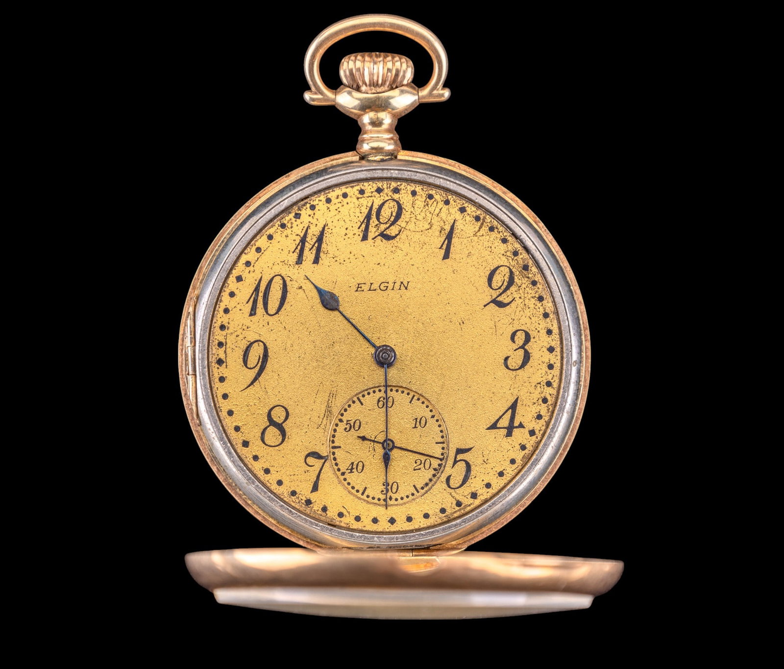 Antique Elgin Pocket Watch, Case Marked 14K: Antique gold faced Elgin pocket watch, movement #13990614 in monogrammed case which reads "14K .585 Fine Guaranteed 311927". Approx 1.75" dia, 2.25" H. The glass cover has a chip bottom right at edge.