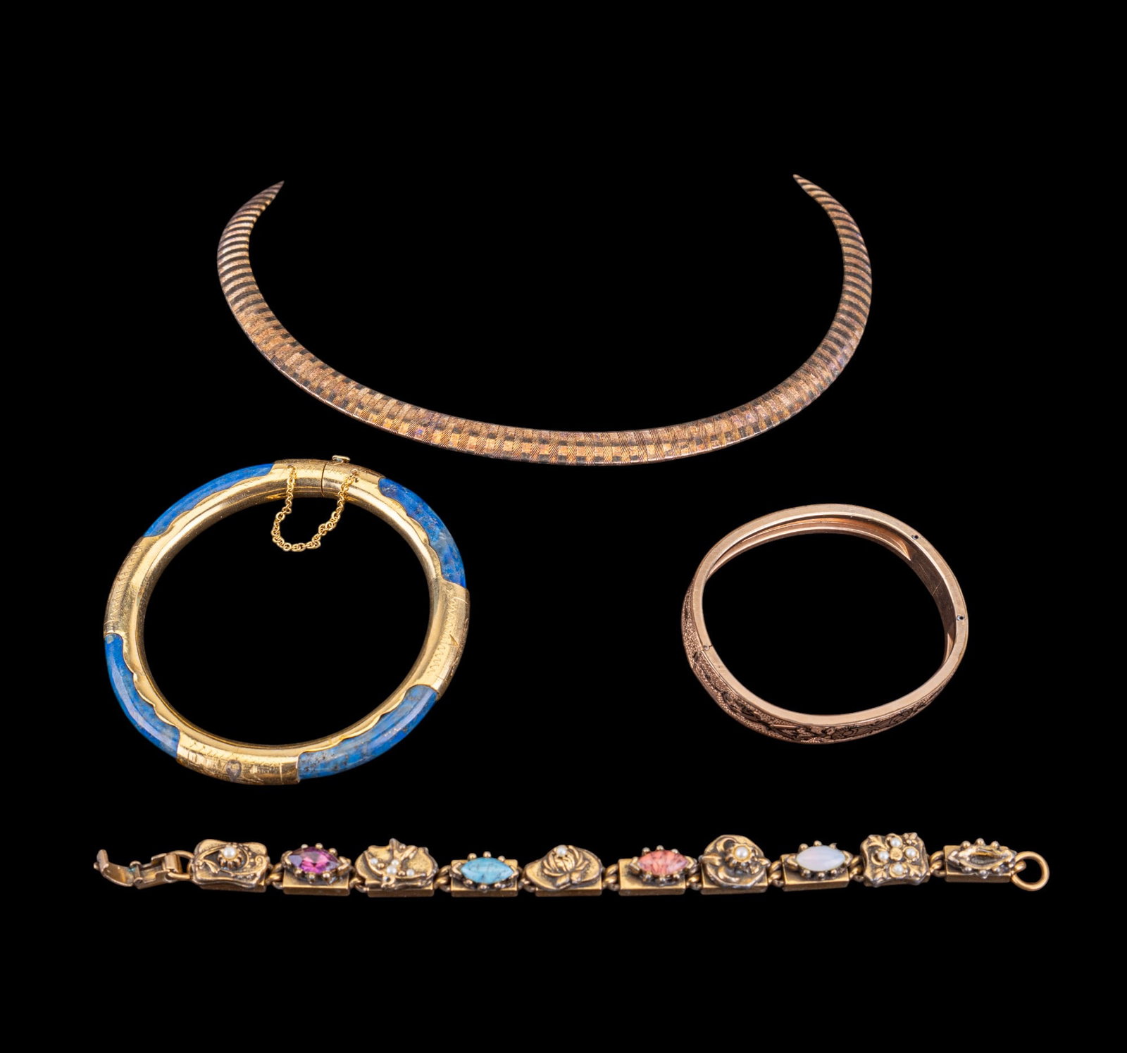 Antique & Vintage Sterling & Turquoise Jewelry (4): Gold over sterling double clasp necklace marked "Italy - KC - .925", gold tone hinge bracelet with black enamel accent designs marked "Pat. July, 21 - 1874 - H&B", charm bracelet with turquoise, opal,