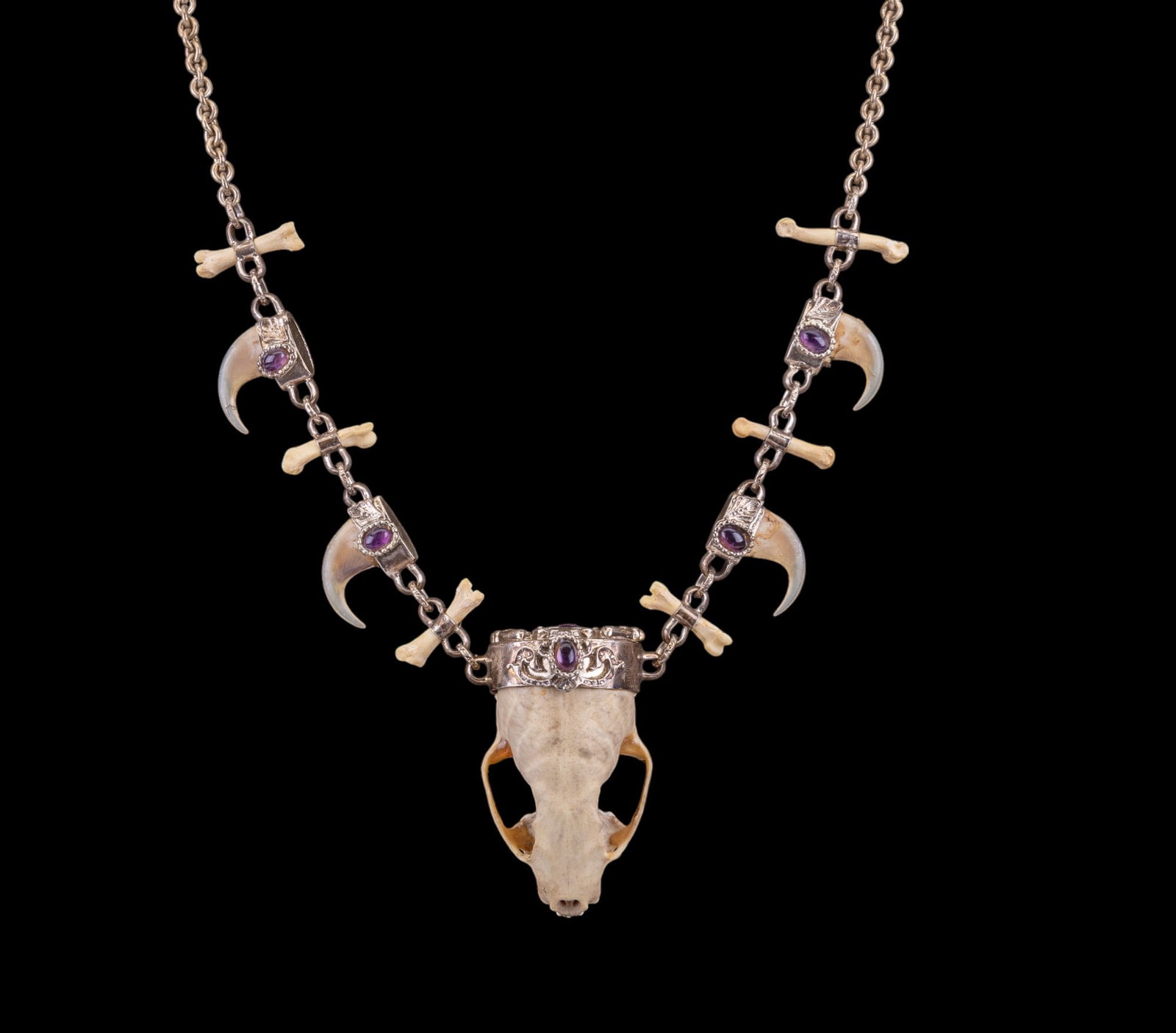 Sterling Necklace with Animal Bones: Sterling necklace with animal bones, nails, skull, and and violet accent stones.