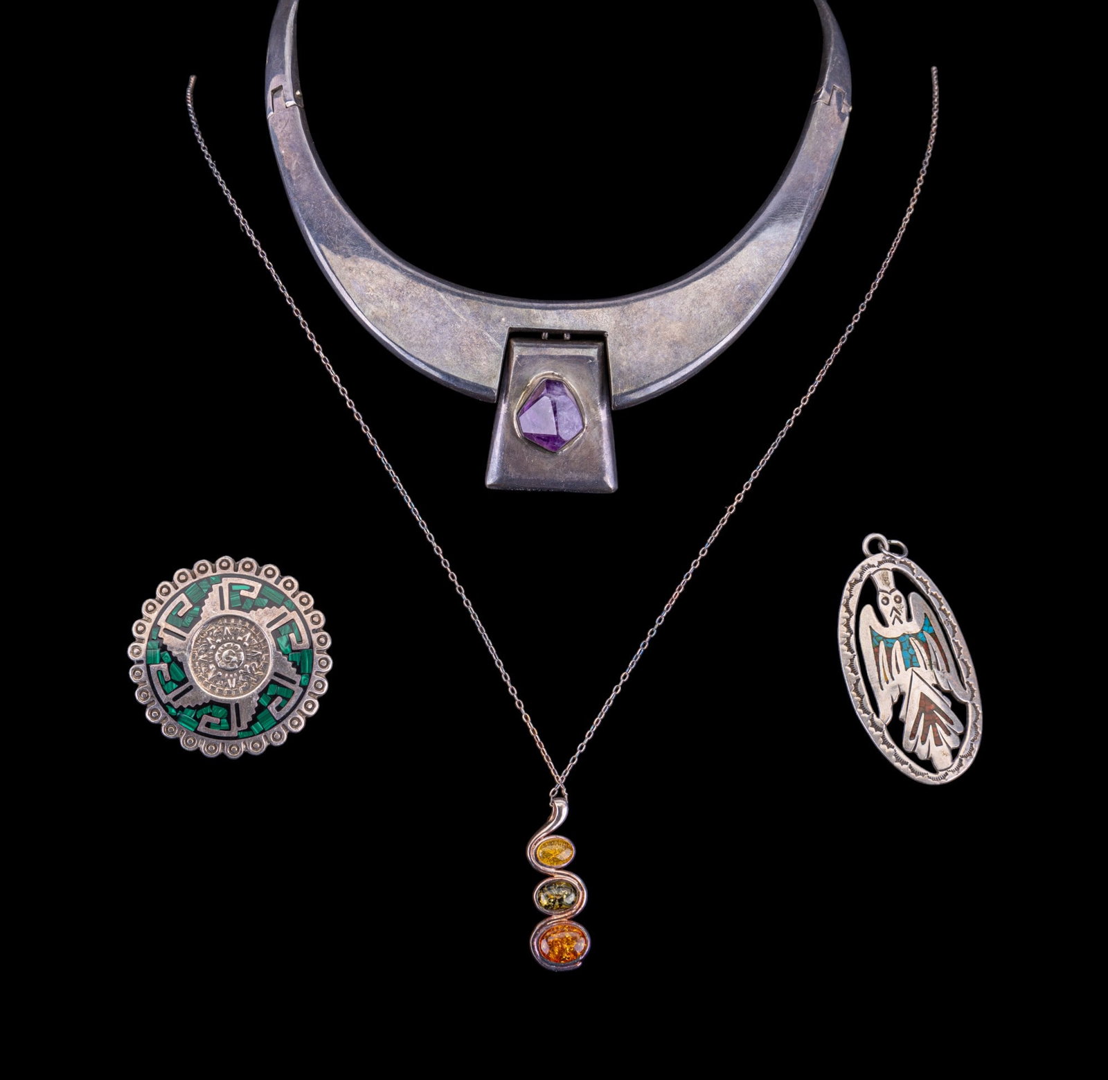 Mexican and Southwest Sterling Jewelry (4): Sterling hinged choker with amethyst pendant marked "Mexico - TH-04 - 925", vintage sterling Mayan style malachite inlay brooch, sterling necklace with three unique toned amber pendant marked "RJ", an