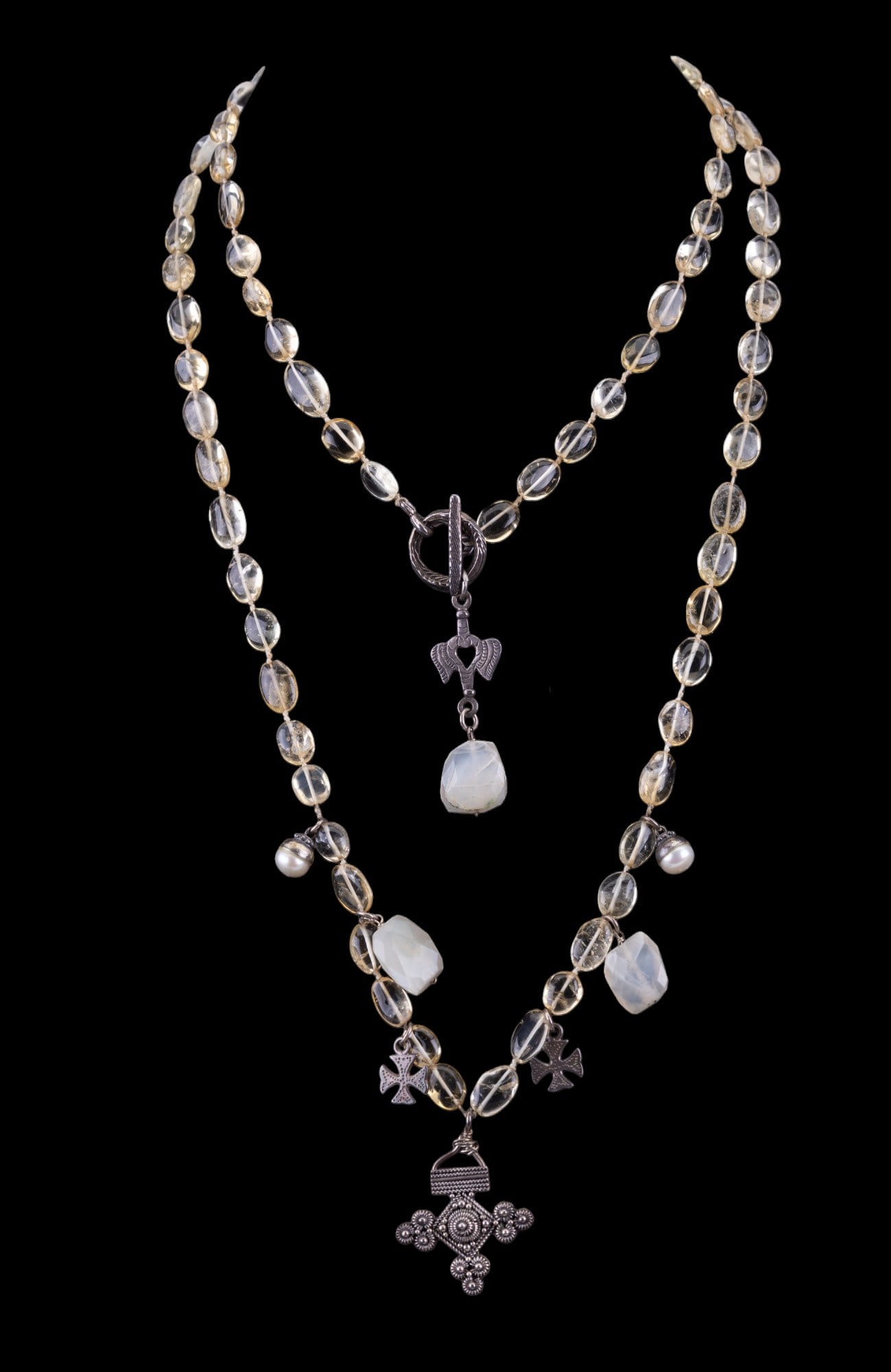 Glass Bead Necklace w/ 825 Silver & Pearls Accents: Polished glass bead 48" necklace with 2 pearls, 825 silver ornate cross, a Yalalag cross T clasp, and other accents.