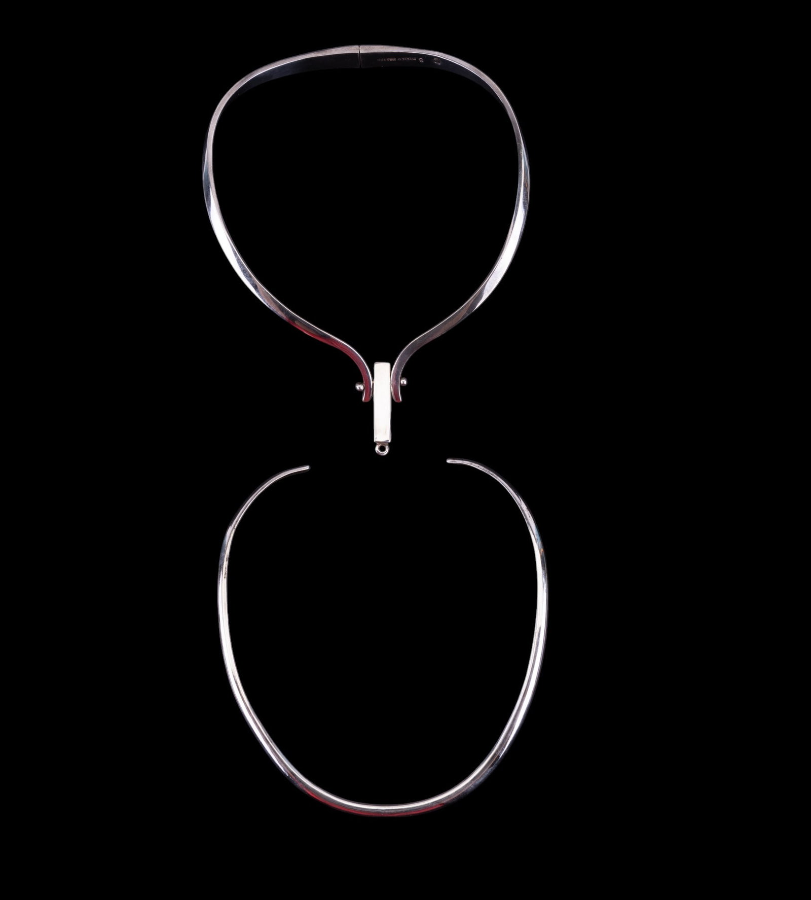 Mexican Sterling Silver Choker Necklaces (2): 2 marked Mexican sterling choker necklaces; 1 is hinged with center bar accent. Both marked 925, 1 has hallmarks (see photos).
