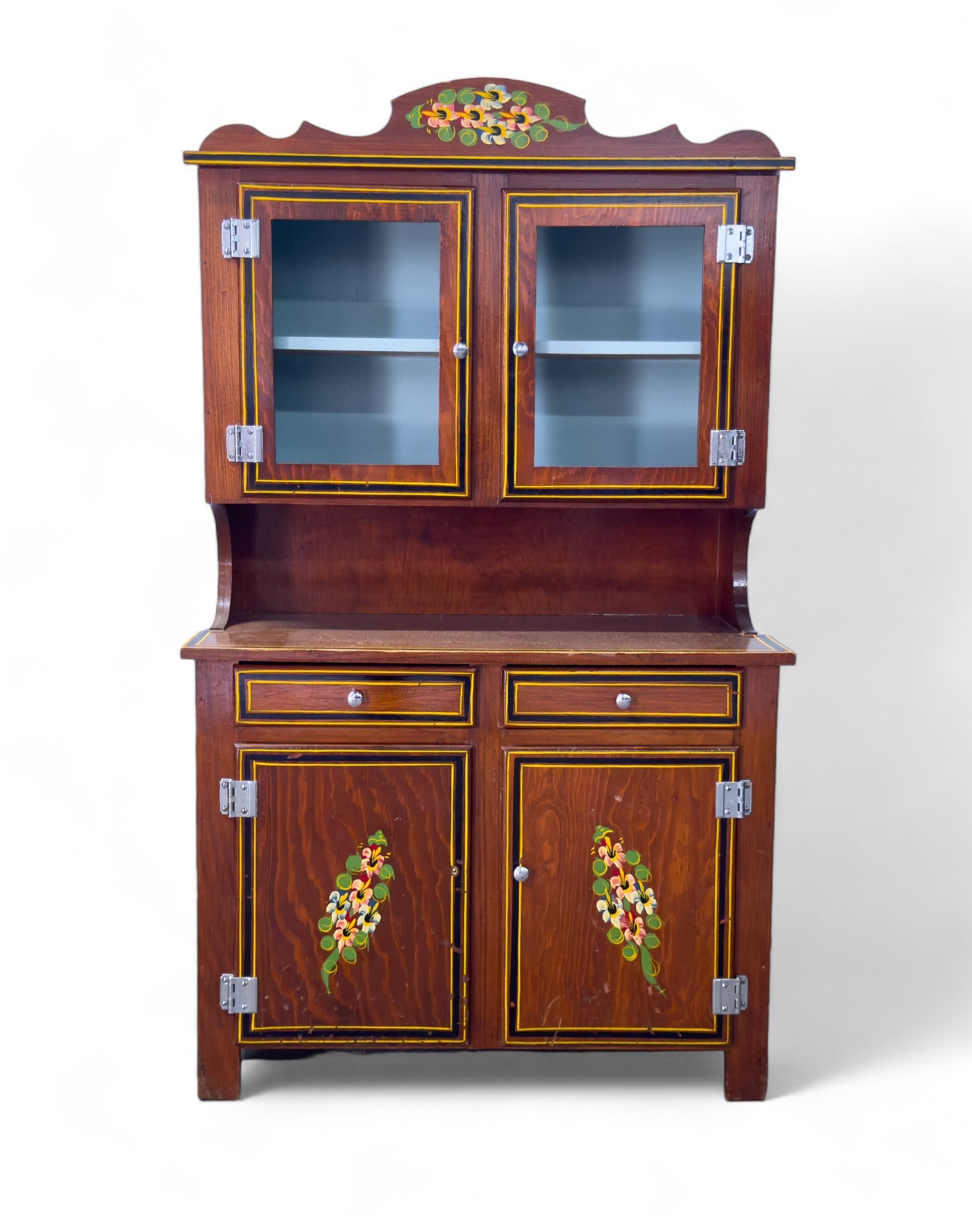 Small Paint Decorated Hutch: Painted floral child's size hutch w/ 2 drawers & 4 cabinet shelves. One cabinet door is missing knob. No glass panels on top cabinet doors. Item measures approx 44" tall, 12" deep, & 25" wide.