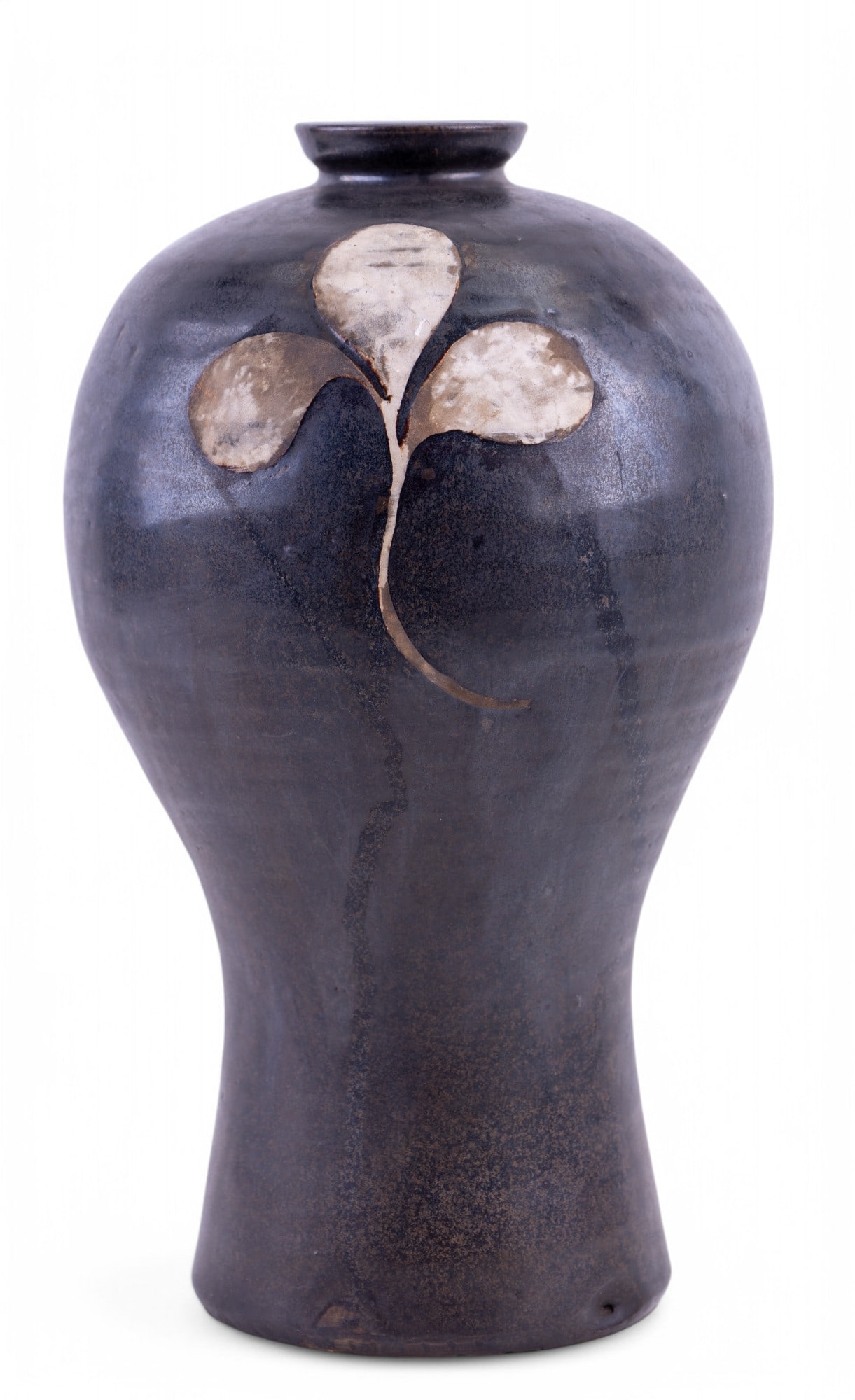 Korean Meiping Black Glaze Vase w/ Floral Accents: Korean meiping form vase with black glaze and 2 floral unglazed motif accents; measures approx. 11.5" H x 7" Dia. w/ 2" Dia. mouth. Unsigned.