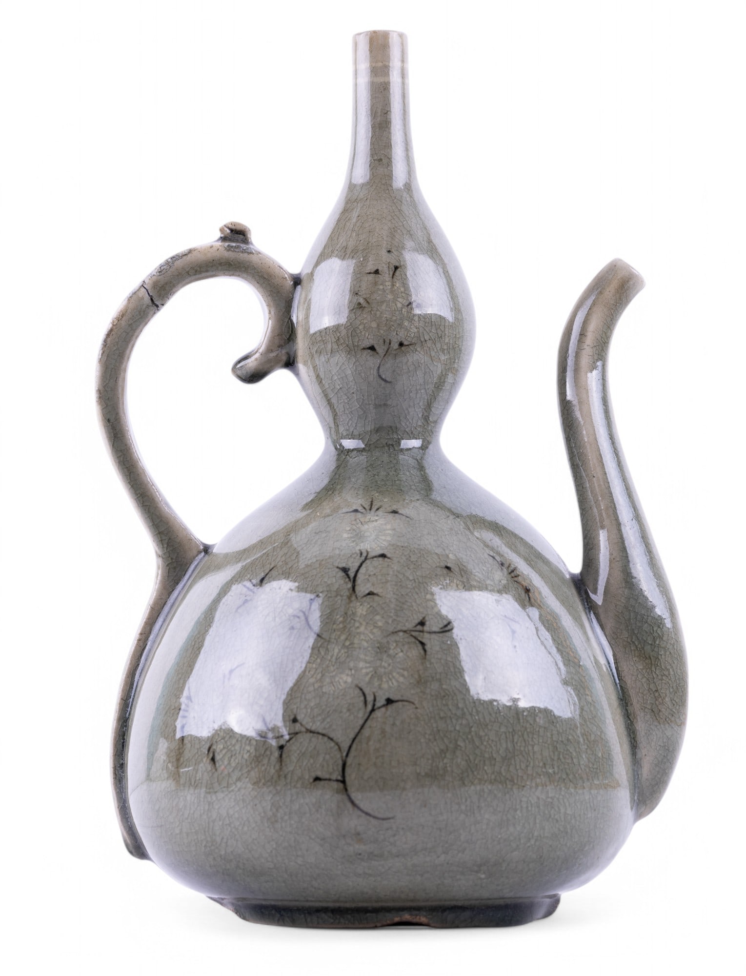 Korean Celadon Floral Motif Ewer: Korean green celadon ewer with floral motif, uniform crazing, some firing blemishes and wear at base (see photos). Bottom has minimal white maker's mark.
