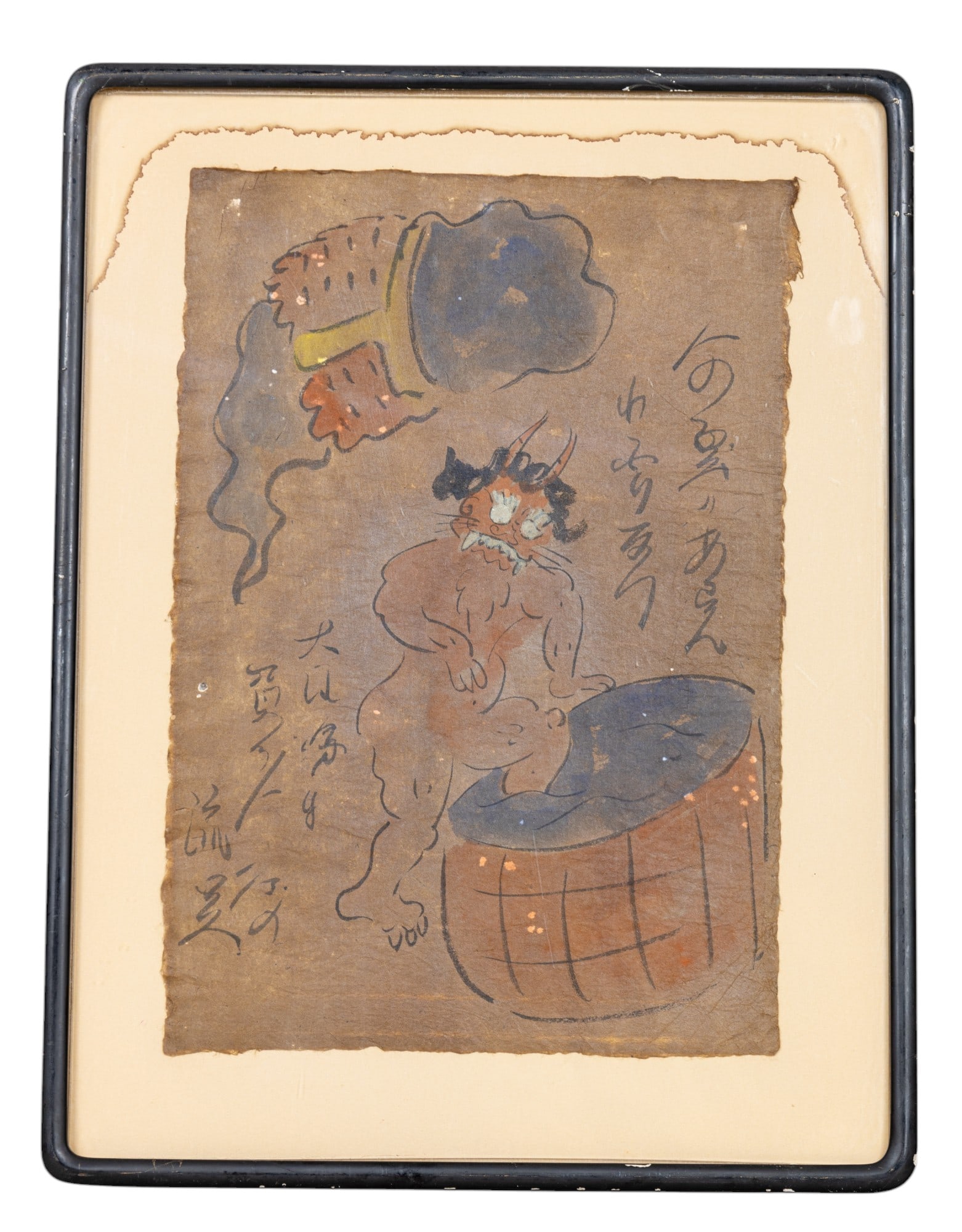 Asian / Japanese Folklore Painting 20th C: Japanese folklore painting of watercolor and ink on brown paper depicting a demon character getting into a barrel / tub of water with floating entity above and text throughout - art measures approx. 1