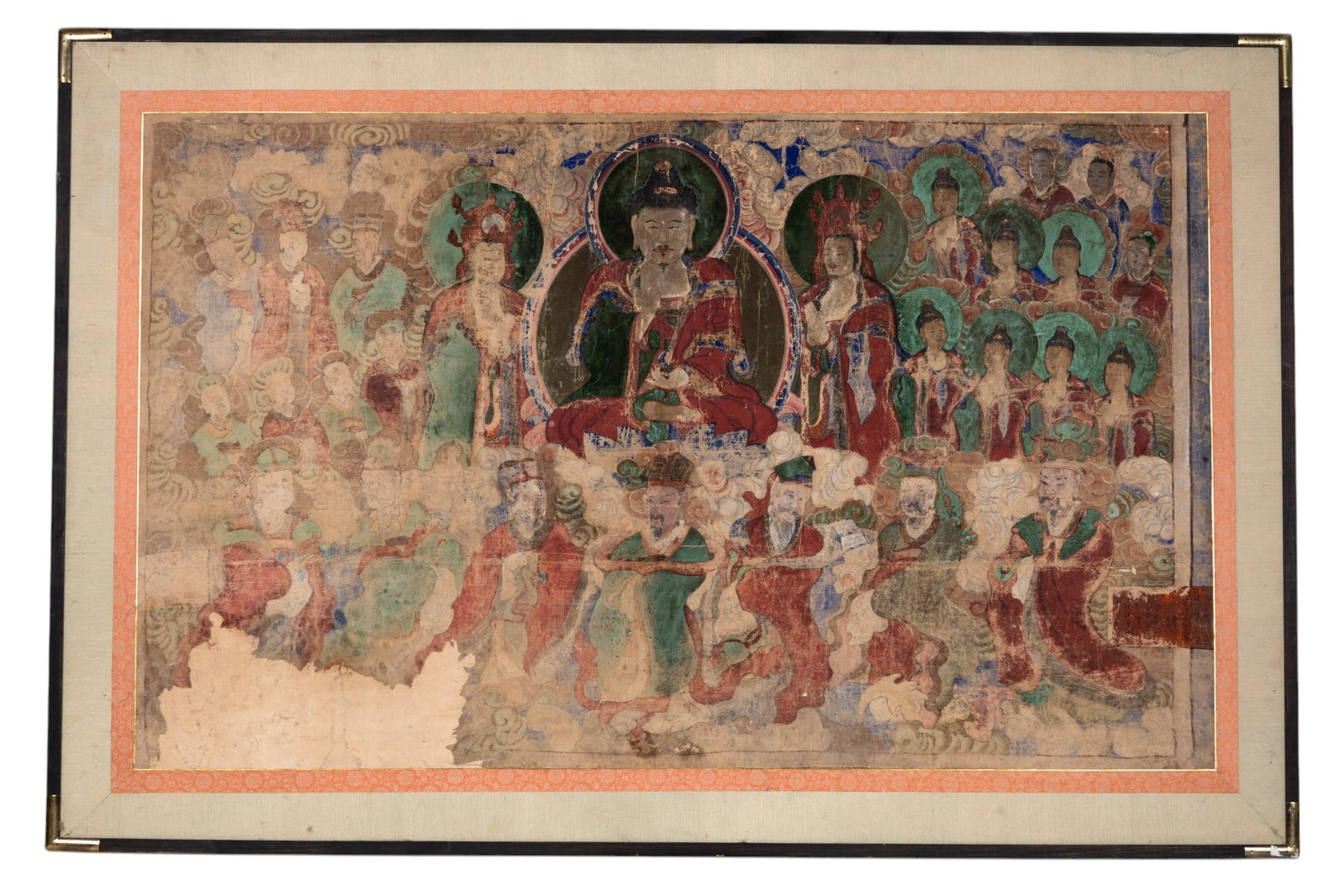 Large 19th C. Ming Style Buddhist Painting: Large 19th C. Ming Dynasty style Buddhist painting on silk depicting Buddha and Bodhisattvas in a temple with extensive wear and paint loss measuring approx. 68.5" W x 45.5" H. Hand written provenance