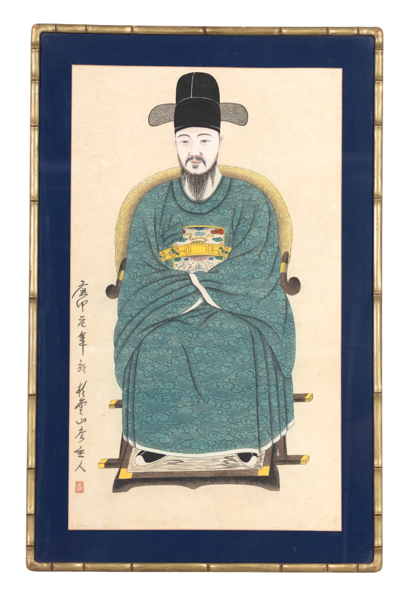 Korean Ancestor Painting in Bamboo Frame: Korean ancestor / scholar - official in blue robe watercolor and ink painting with text and chop along left side in gold tone bamboo motif frame measuring approx. 23" W x 35.5" H OD.