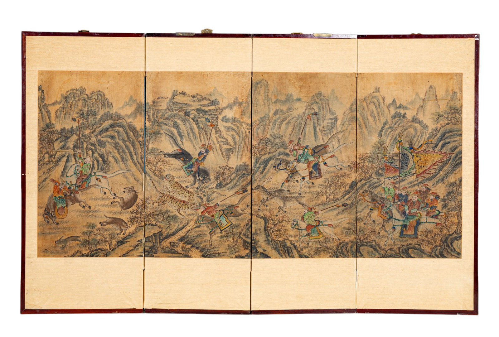 Chinese Folding Screen of Hunting Scene: 4 panel Chinese folding screen with a hunting scene in watercolor and ink on paper with fabric borders, backing, and wood frame measuring 34.5" H x 56.25" W. Hand written Chinese provenance on reverse