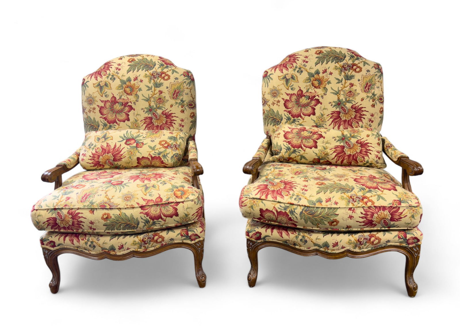 Century Hickory Inc. Armchairs (Pair): A pair of floral upholstered armchairs, measuring approx. 42.5" high overall, 29" wide. Comes with two pillows with matching upholstery.