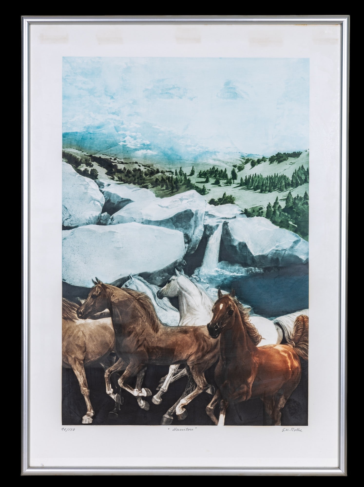 Gatja Helgart Rothe (DE 1935-2007) Mezzotint: Gatja Helgart Rothe (DE 1935-2007) large mezzotint titled "Manitou" LC depicting horses running in a mountain landscape with faint human face in sky numbered "96/150" LL; embossed "GHR Studio" logo LL