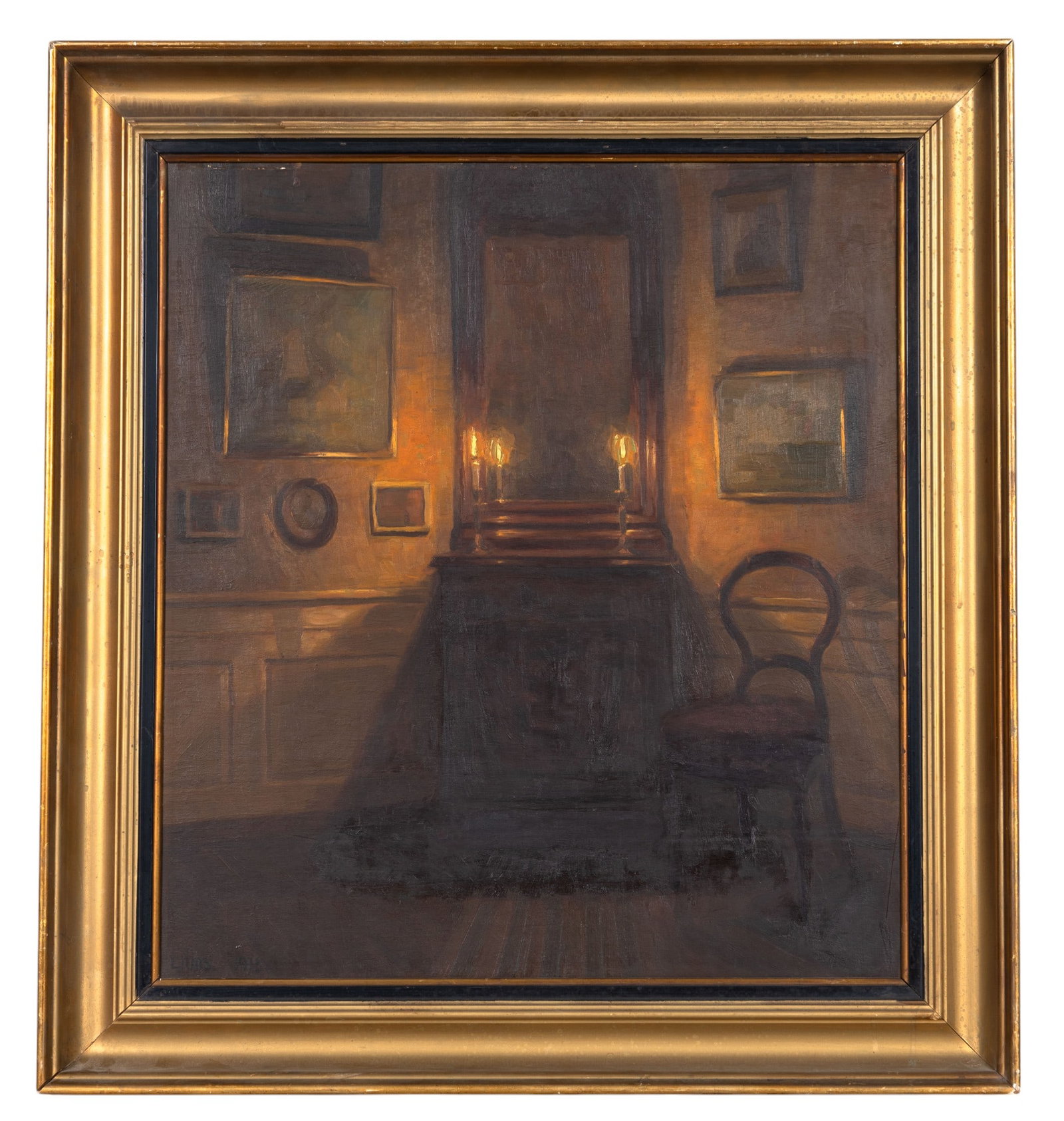 Early 20th C. Oil on Panel by Emil Jurs: Early 20th C. oil on 20" x 22" wood panel of candle lit room signed "E Jurs - 1913" in antique gold tone frame approx. 25.5" W x 28" H. Artist name tag attached to reverse; painting has some minor sur