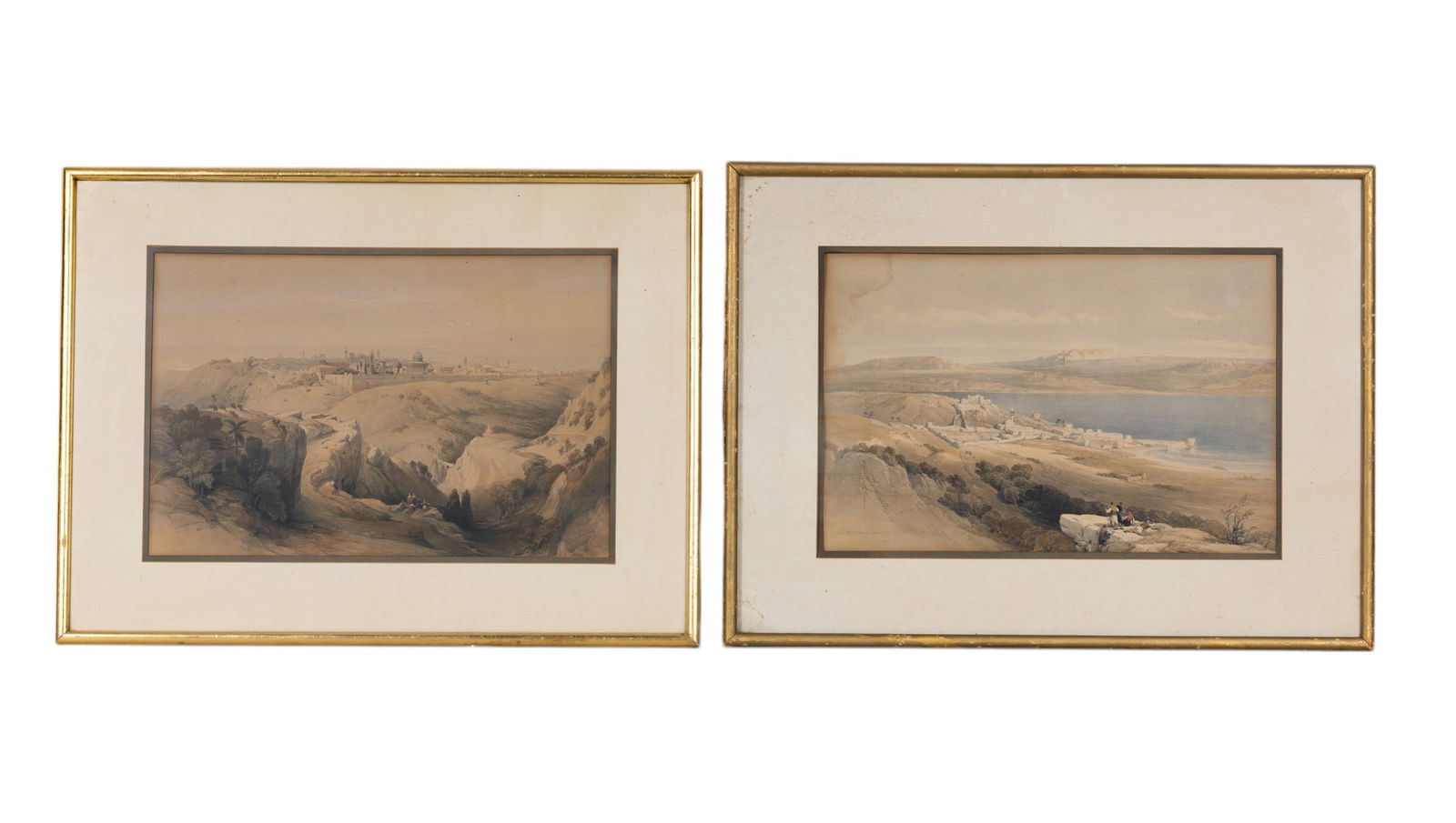 Lithographs After David Roberts (UK 1796-1864): Hand colored lithographs after David Roberts (UK 1796-1864) titled " City of Tiberias on the Sea of Galilee"; signed in plate "David Roberts RA" LR and "Jerusalem from the Mount 1839" LR; signed in pl