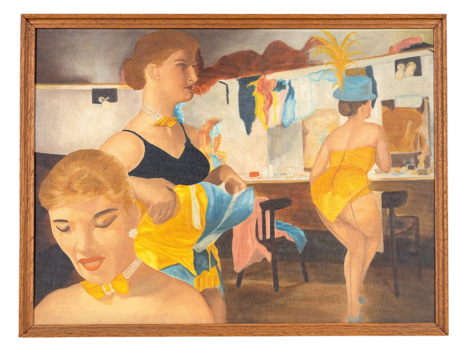 Vintage Oil Painting of Dancers in Dressing Room: Vintage oil on 24" W x 18" H canvas board (Craftint) of three dancers / showgirls wearing yellow corsets, blue top hats, pearl chokers, in a dressing room in a minimal wood frame. Painting has some mi
