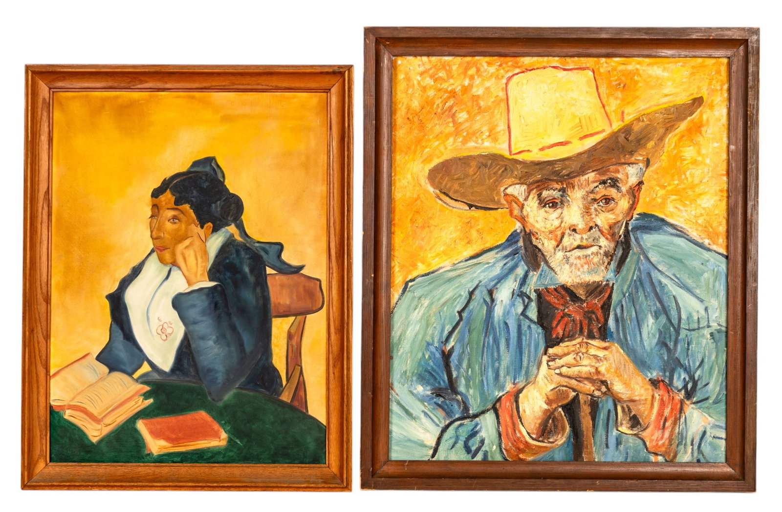 Oil Studies after Vincent Van Gogh (ND 1853-1890): Vincent Van Gogh (ND 1853-1890) oil studies after "Portrait of Peasant" on 22" W x 26" H canvas signed "L. James" on reverse and "L'Arlesienne Madame Ginoux" oil on 18" W x 24" H panel; unsigned. Both