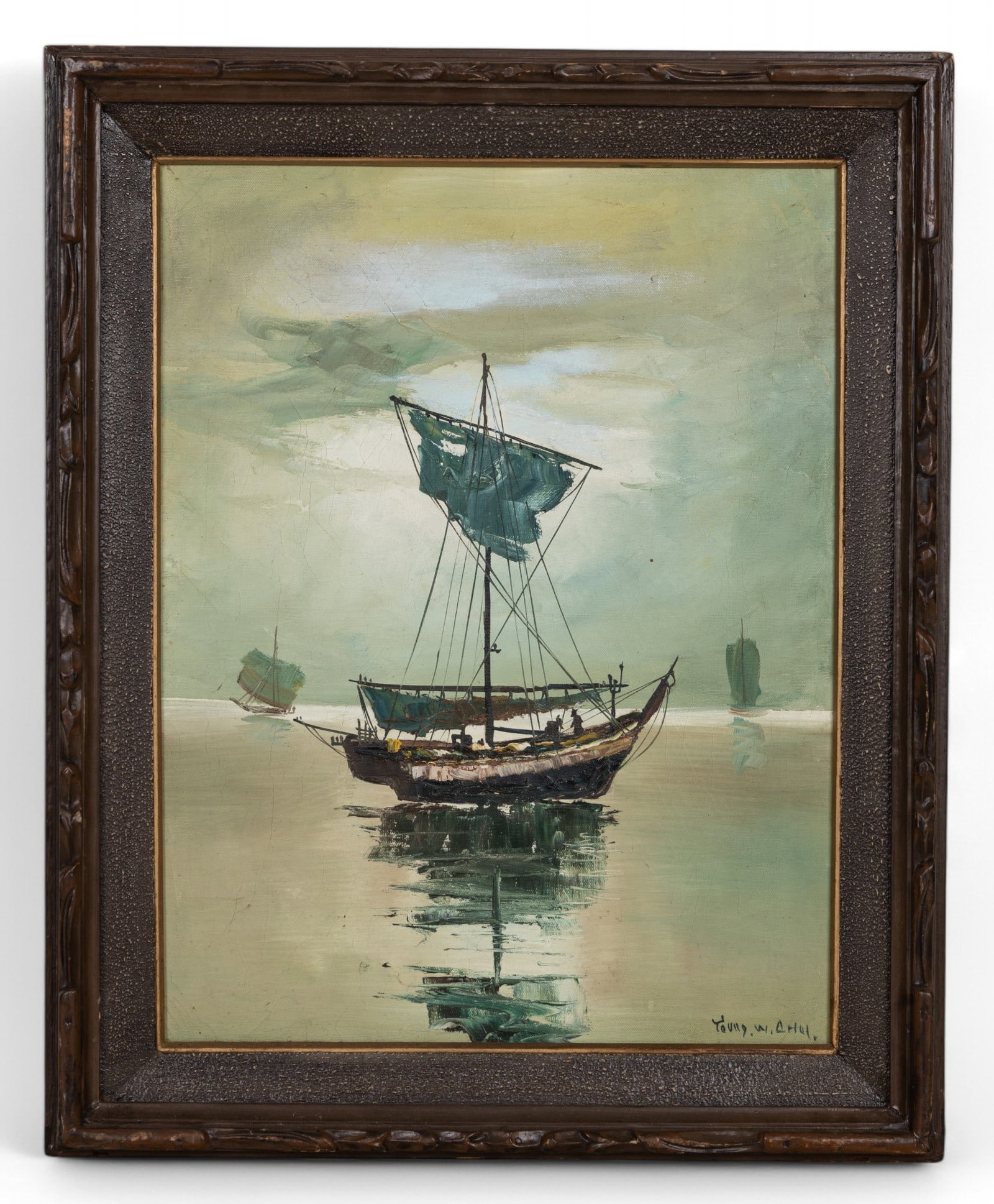 Mid 20th C. Boat Painting by Young W. Choi: Early 20th C. modernist oil on 16" x 21" canvas of fishing boats at sea at dusk signed "Young. W. Choi." LR in decorative frame measuring approx. 20" W x 25" H OD. Painting has some craquelure and fra