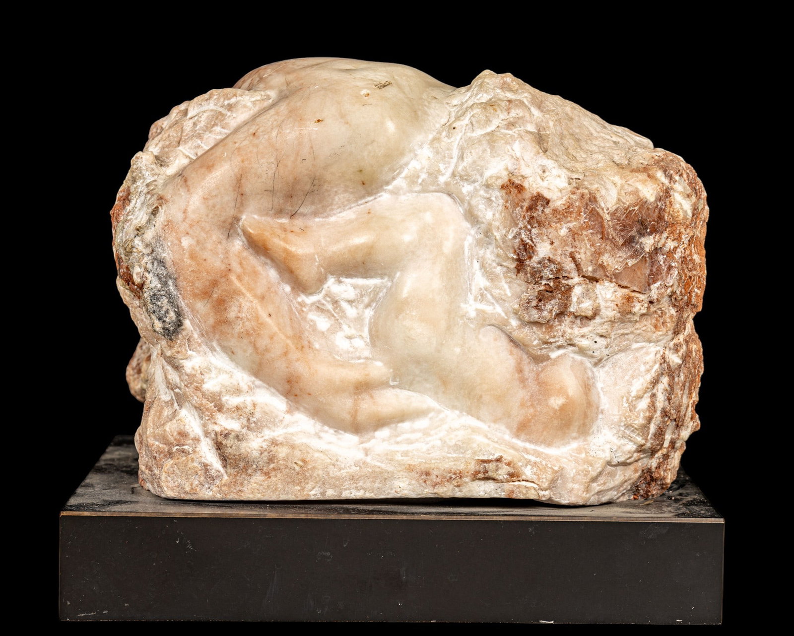 Alabaster Sculpture of Mother and Child: Unsigned alabaster abstract sculpture of mother and child composition with rough and smooth areas on a laminated wood base - sculpture approx 8" H x 11" W x 11" D; pedestal approx. 11" L x 11" W x 2" 