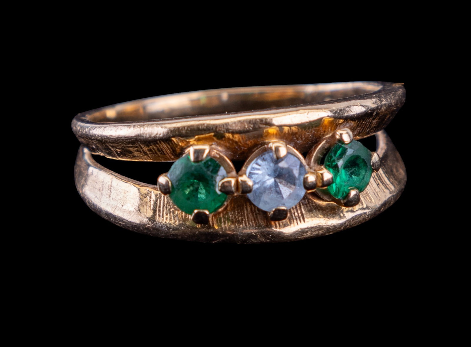 14K Gold and Gem Stone Ring: 14K Gold and and green and blue gemstones ring size 5 3/4-6 approx weighing approx 3.5 grams. Ring is unmarked however test positive for 14K gold.