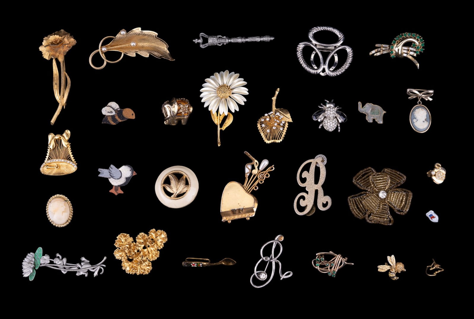 BSK and Vintage Brooches: Large gold tone floral brooch marked BSK, bee brooches, blue bow and cameo brooch, 'R' brooches, Monet bell brooch with rhinestone loss, vintage Coro cameo brooch, frog and lily pad brooch by Jonette