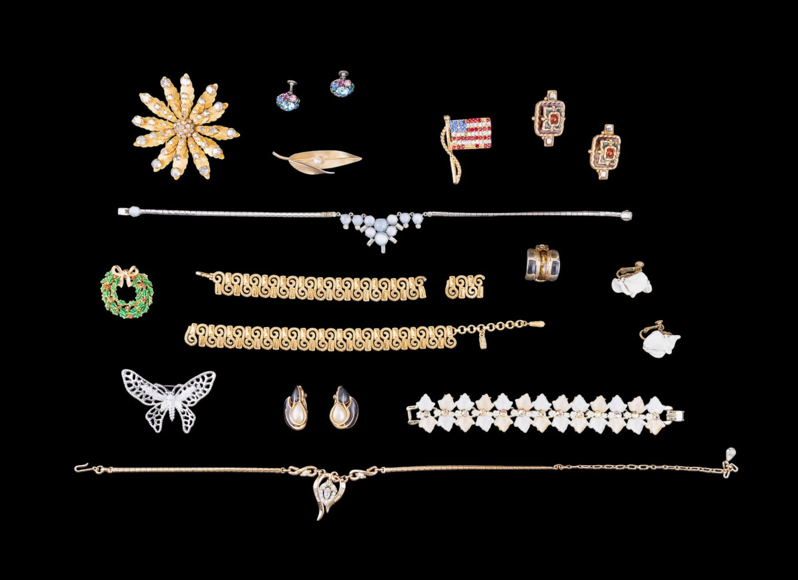 Haskell, Trifari, and Vintage Jewelry: Vintage Miriam Haskell white shell leaf screw back earrings, Trifari enamel and faux pearl clip on earrings, vintage gold tone Trifari necklace with rhinestone pendant, Monet gold tone necklace, will