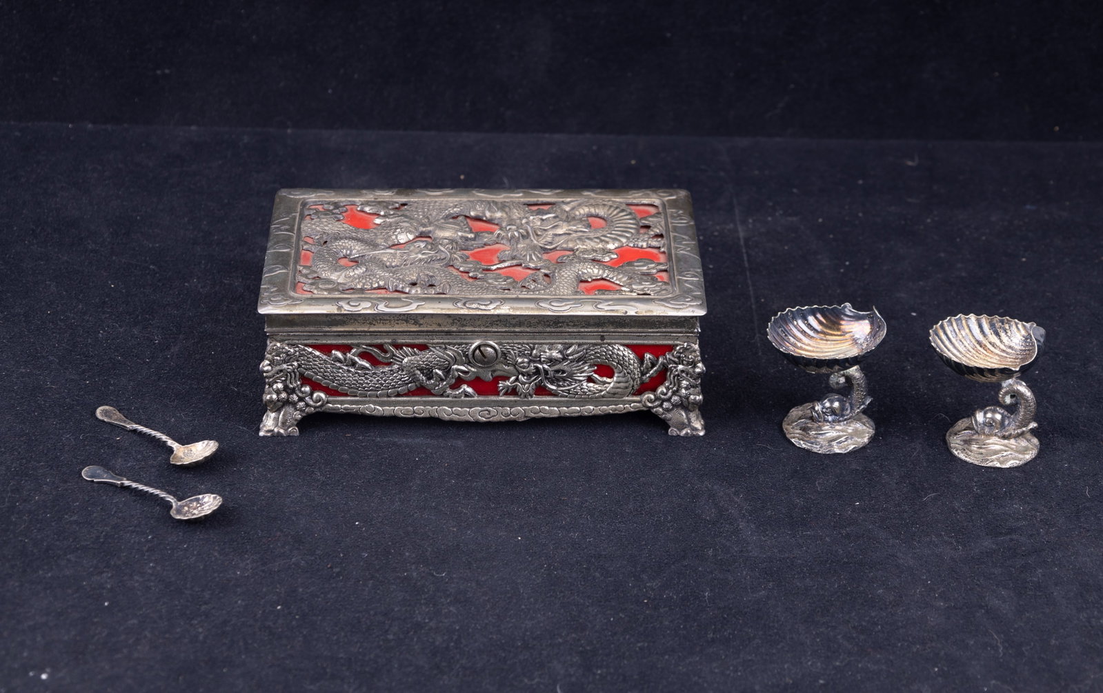 Antique Marine Salt Cellars and Dragon Box: Silver plated Japanese dragon jewelry music box and two antique shell shaped salt cellars with fish pedestals and spoons.