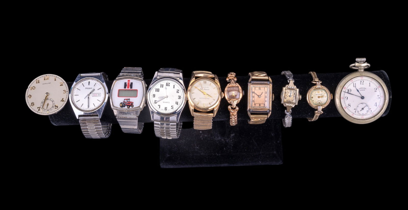 Vintage Wrist and Pocket Watches: Vintage Ingersoll pocket watch #28955359, vintage Gruen gold filled wind up watch, Bulova self winding 23 jewels in owrking order, Hamilton 23 jewels watch face movement, Pulsar wrist watch, and more.