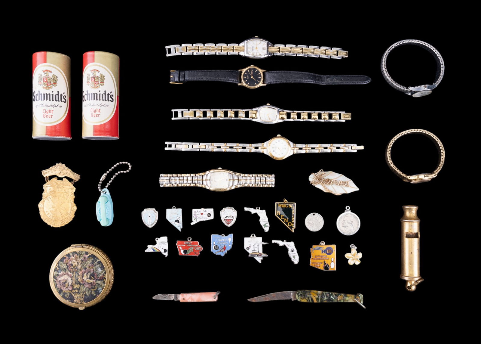Vintage Watches and More: A collection of Fossil, Seiko, Timex, and Belair watches, Sportsmans Pride baseball bat pocket knife, enamel bowling tournament pendants, and more.