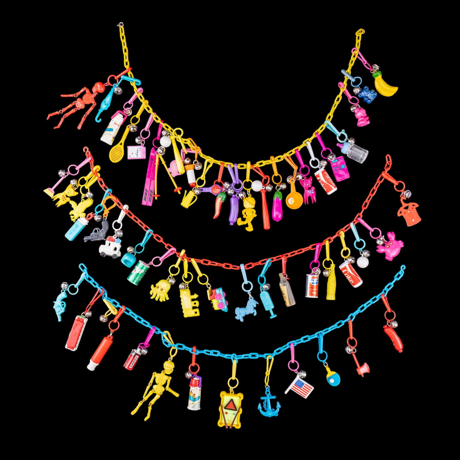 3 Nostalgic Vintage Charm Necklaces: Vintage nostalgic charm necklace with many rare charms, c 1970-80s.