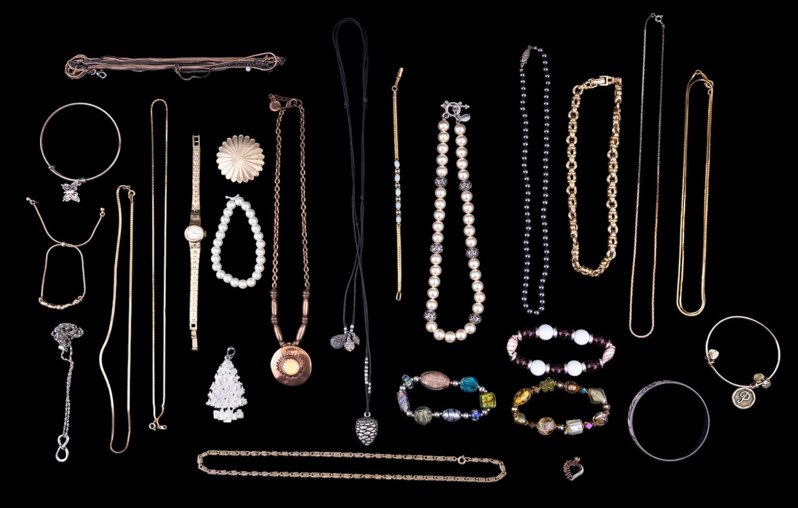 Austrian Bangle and Vintage Jewelry: Metal and Enamel coated pink and gold tone floral bangle made in Austria, Erwin Pearl heavy gold tone link necklace 14", Cookie Lee faux peal necklace 14", an assortment of gold tone chains from Monet