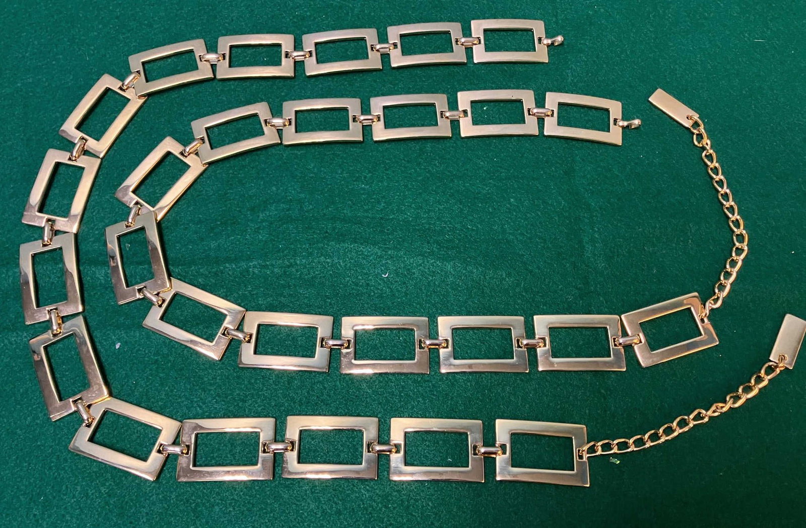 Vintage Style Open Rectangle Link Belts (2): Each link is marked E Made in Spain. One is one link longer than the other. They have a vintage look but age unknown. Very good condition. Each link approx 2", one length approx 37", the other 39".