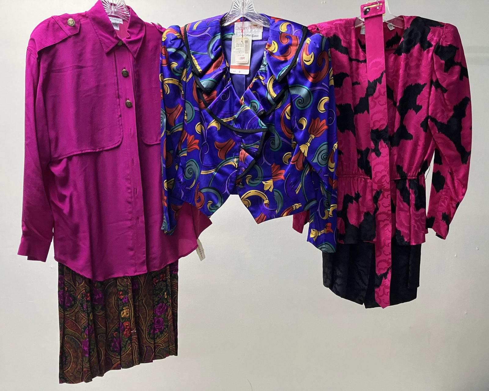 Designer Silk Outfits w/ Saks Fifth Avenue: Richard Warren for Saks Fifth Avenue royal blue with red green and yellow patterns silk jacket with shoulder pads, 3 buttons and a snap closure, peplum collar with original price tag $370 attached, a 