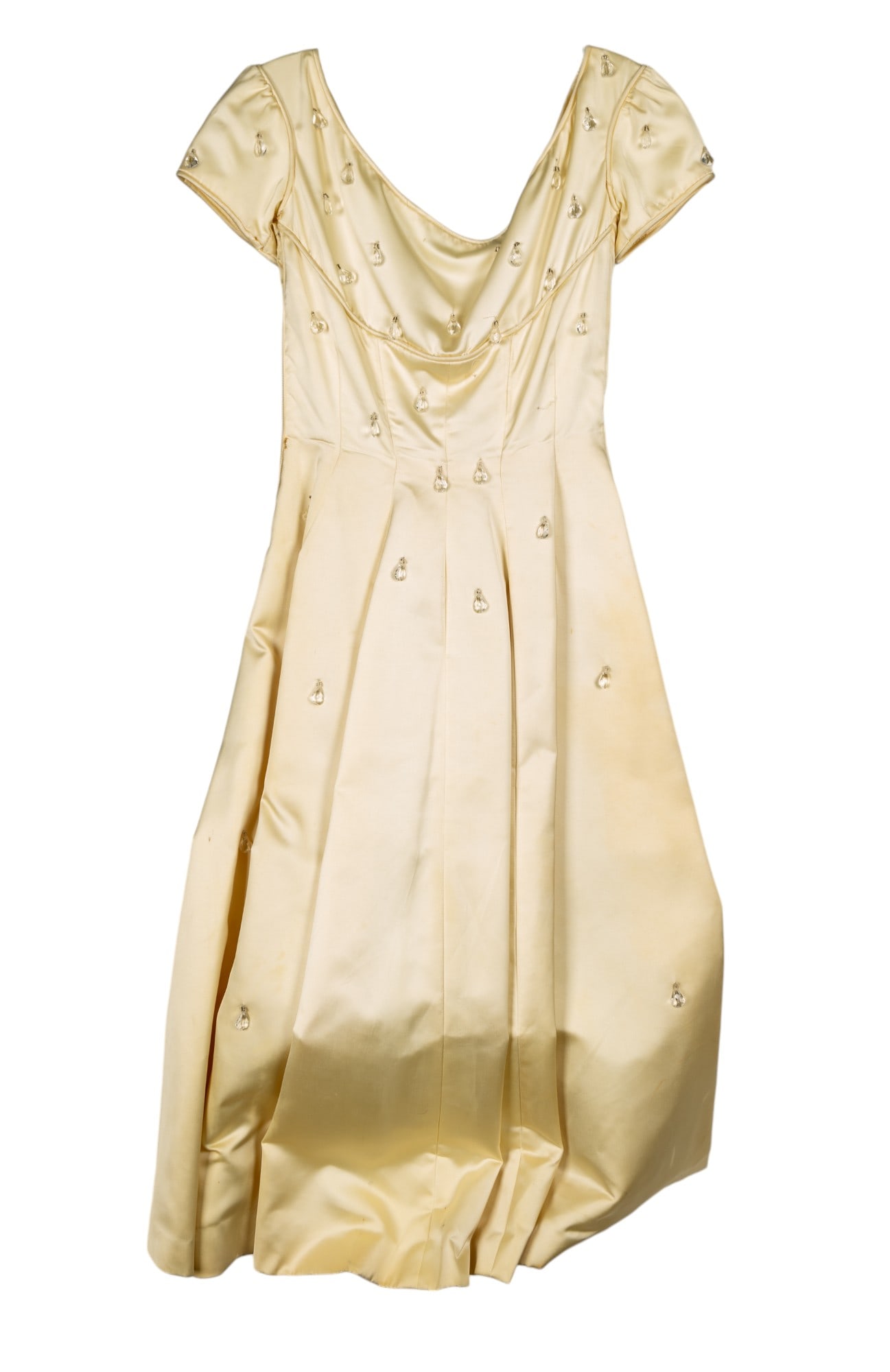 Ciel Chapman c1950s Bejeweled Dress: Cream colored feels like satin, decorated with lusters / glass drops, scoop neck, cocktail / party dress. Side zipper. Per consignor note, it was worn to the Country Club Holly Ball around 1958.