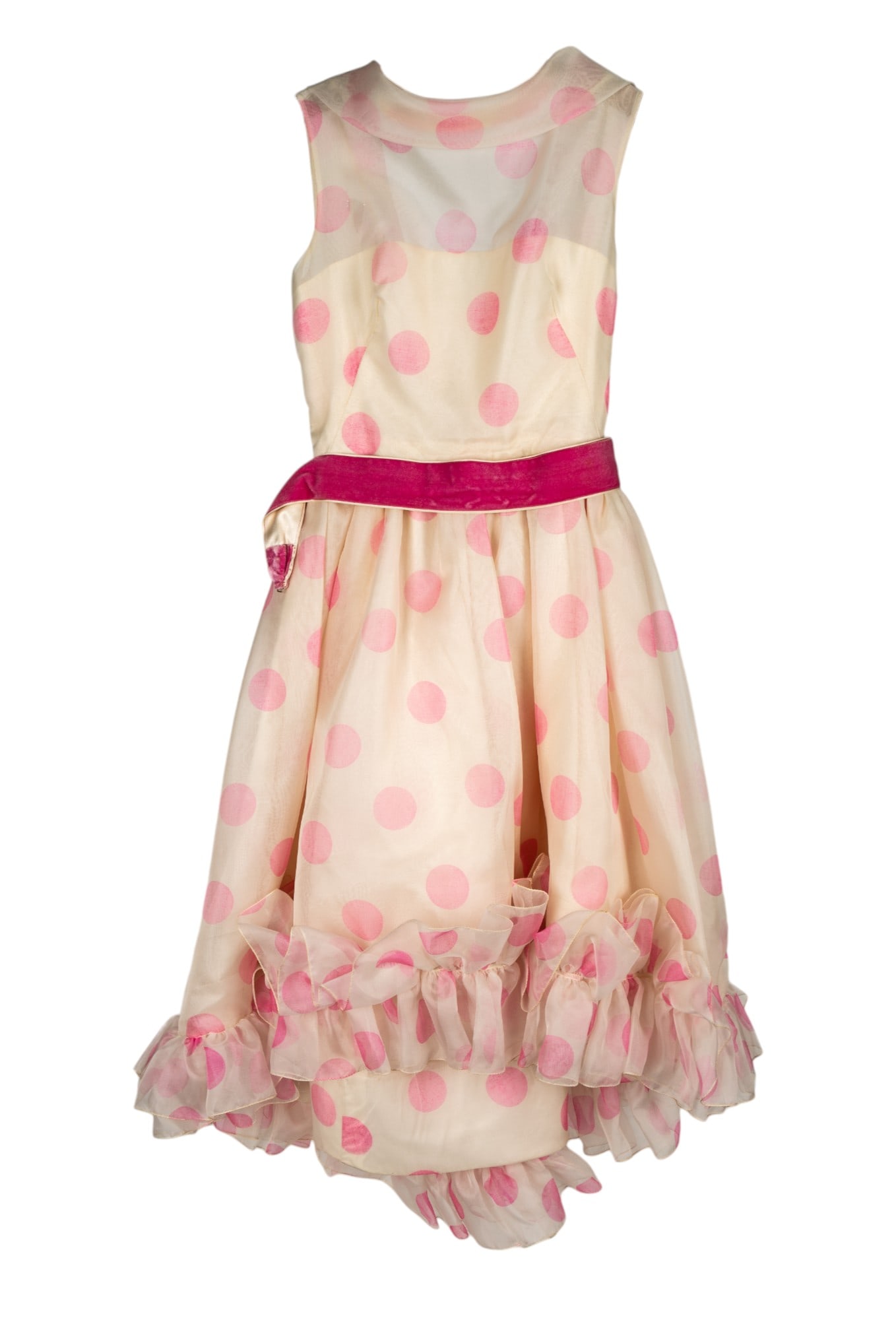 Adele Simpson Vintage Polka Dot Dress: Chiffon scoop neck swing dress with frills. circa 1950s with inner layer skirt in same pattern.