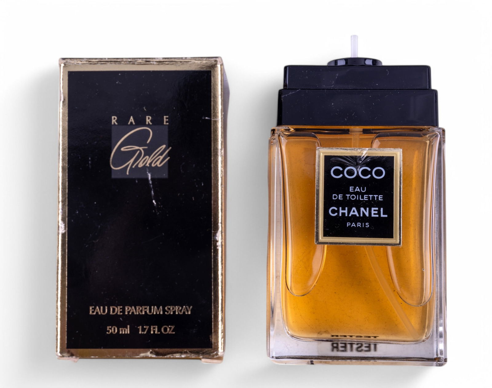Coco Chanel & Avon Rare Gold Perfume Bottles: Coco Eau De Toilette Chanel Paris perfume bottle (no cap) & Avon Rare Gold Eau de Parfum Spray perfume bottle in original box. Bottles appear nearly full. See photos for further details.