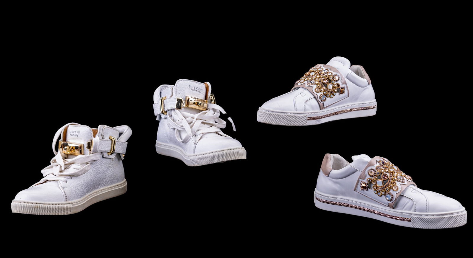Buscemi & Rene Caovilla Sneakers?: A pair of Buscemi sneakers and a pair of Rene Caovilla sneakers, both estimated to be size 6. The Buscemi sneakers feature signature gold hardware, while the Rene Caovilla sneakers are adorned with em