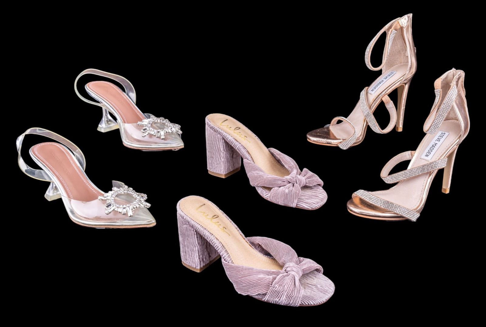 Shoes by Amina Muaddi, Steve Madden, Lulus: Set of three women's shoes including clear pointed-toe flats by Amina Muaddi with decorative embellishments size 35, strappy heeled sandals by Steve Madden with rhinestone detailing marked 5.5mm, and