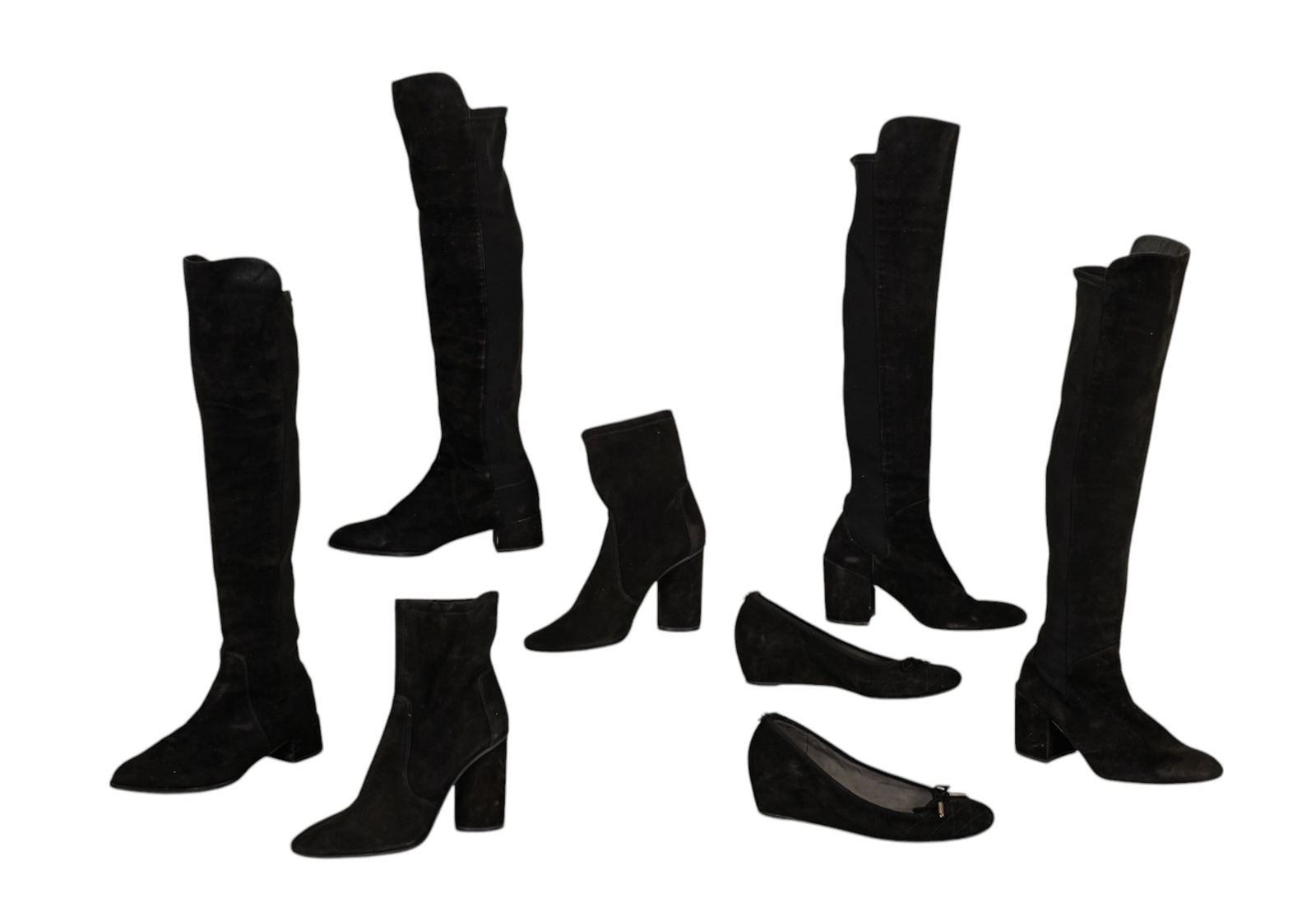 Stuart Weitzman Black Suede Boots and Wedges: Collection of Stuart Weitzman black suede footwear includes: one pair of ankle boots (estimated size 5.5-6), two pairs of over-the-knee boots (sizes 5 and 5.5 estimated size 5.5-6), and one pair of bl