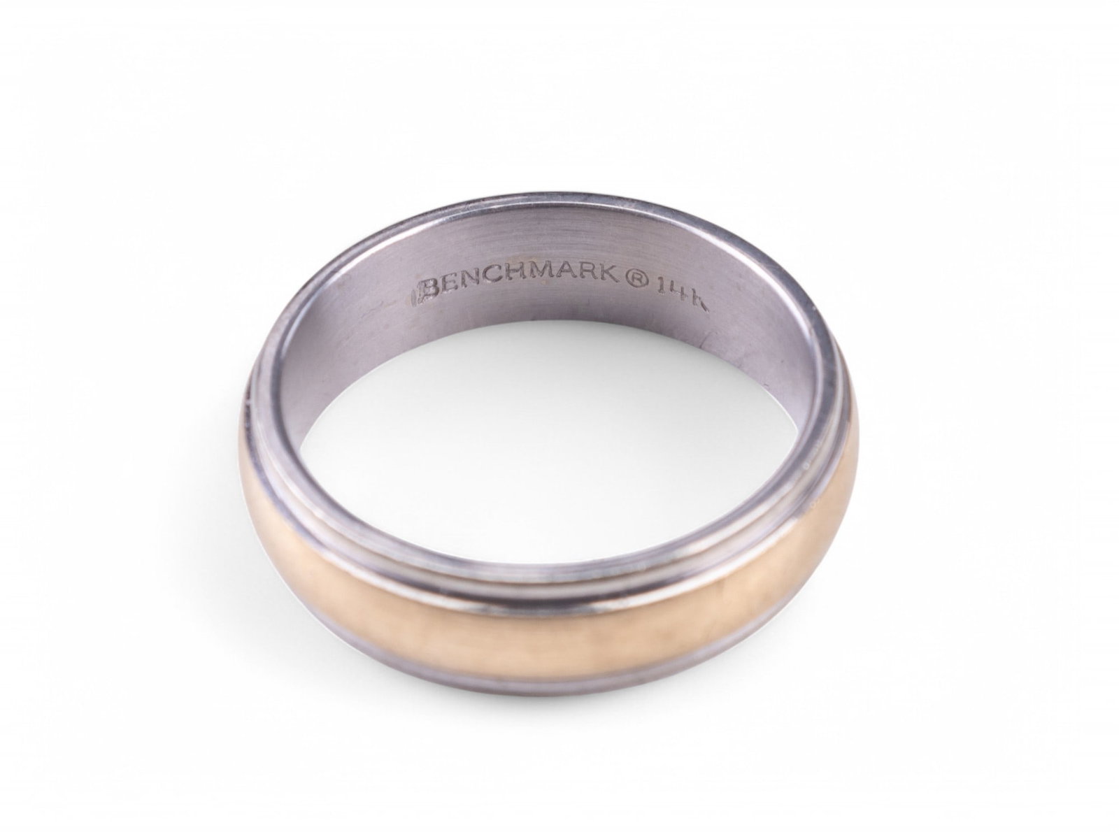 Benchmark 14K Men's Wedding Band: Men's wedding band marked inside Benchmark 14K, two tone coloring. Ring size approx 9.75 and weight 8.5 grams.