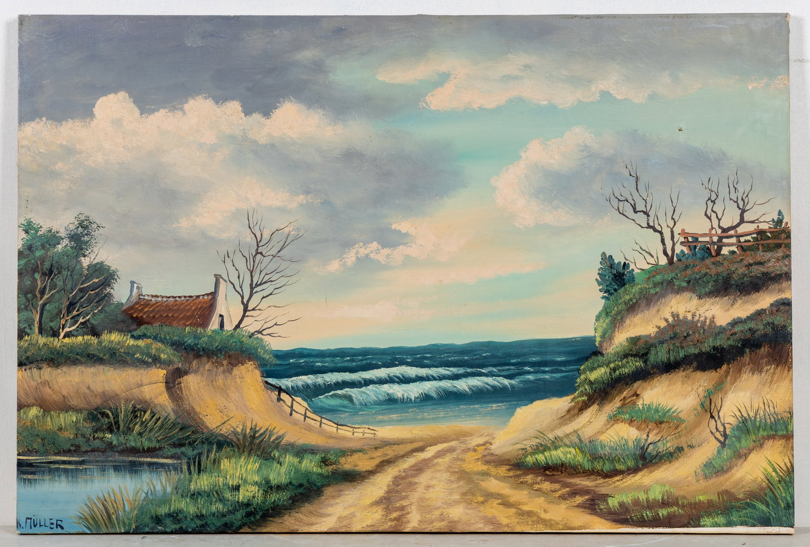 K. Muller Signed Oil On Canvas: Oil on canvas painting depicting a beach home scene, note small hole in upper right portion, signed 'K. Muller' 24x36"