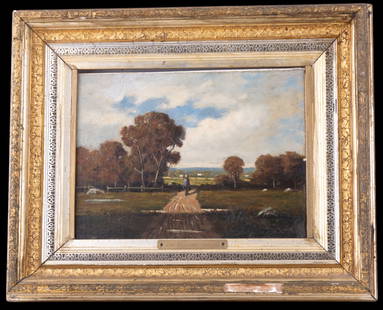 John Williamson (1836-1885) Oil on Canvas Board: Gilt framed oil painting on canvas wrapped board titled 'Landscape' by artist John Williamson (American 1836-1885), info on the back of the board indicates the painting is dated 10/15/1879. Note chipp