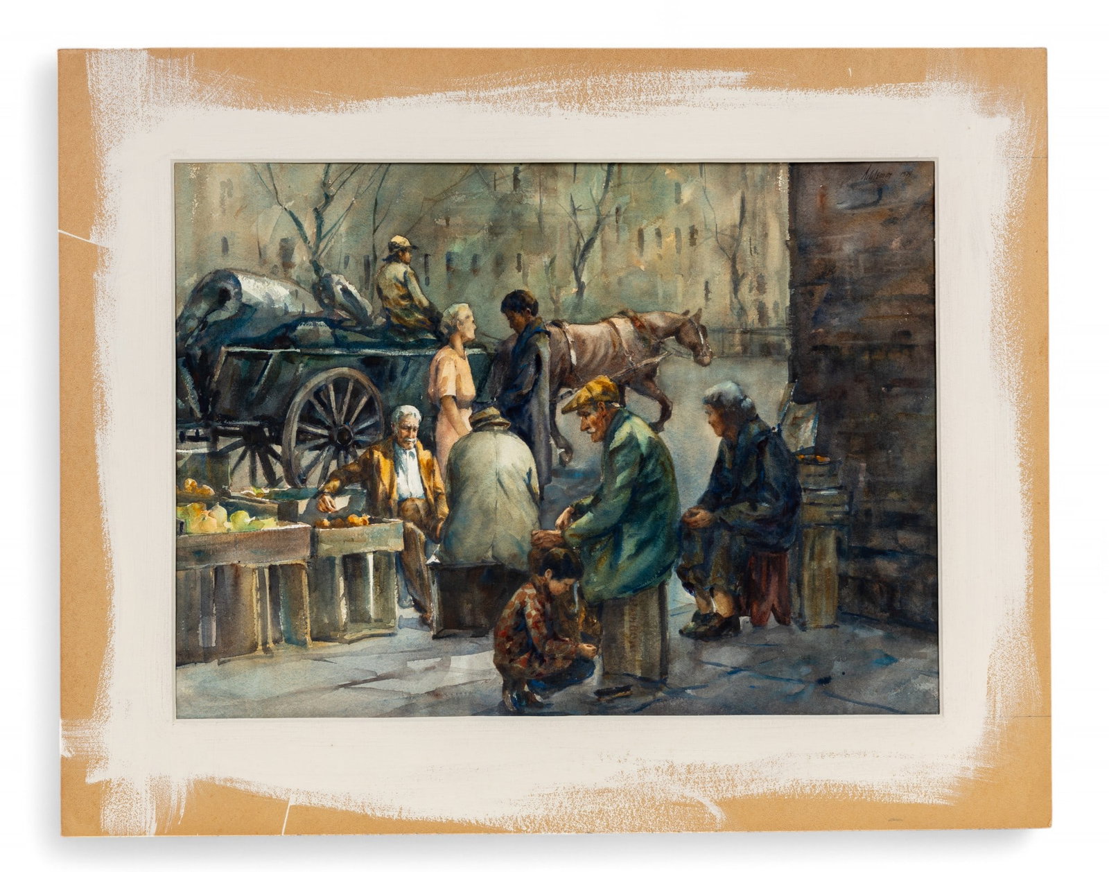 Baum School of Art Watercolor: Large watercolor painting depicting a Depression era street scene, signed in upper right corner, signature illegible, was purchased from The Baum School of Art Auction in 2003. Art measures 30.5x22" a