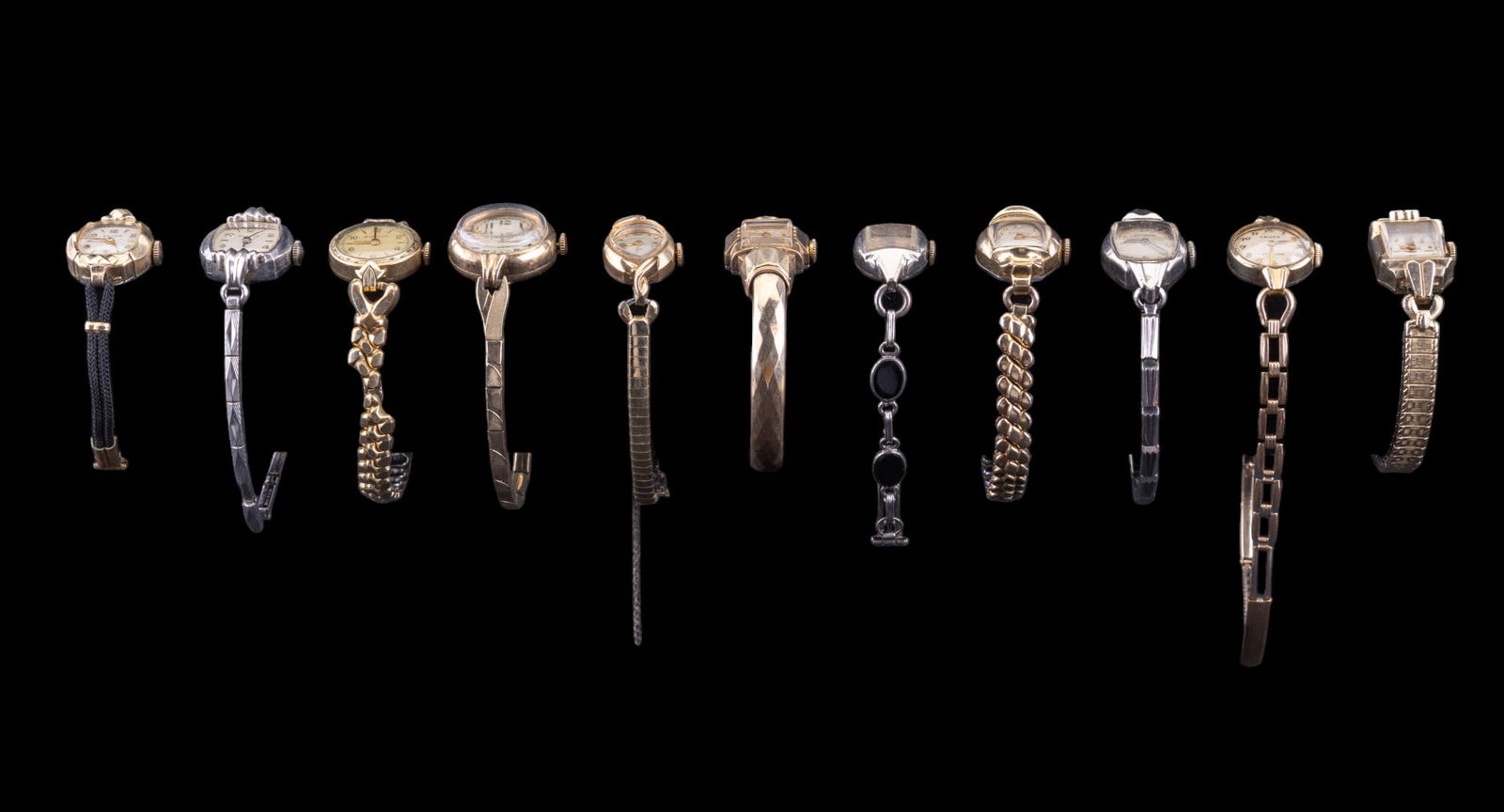 GF & RGP Petite Women's Wrist Watches (11): Collection of 11 petite women's wrist watches including Bulova 10K rolled gold plate watch, Bulova 10K RGP bezel watch w/ Gemex 10K GF tops band, Bulova 10K RGP bezel cuff watch, Bulova M4 10K RGP wat