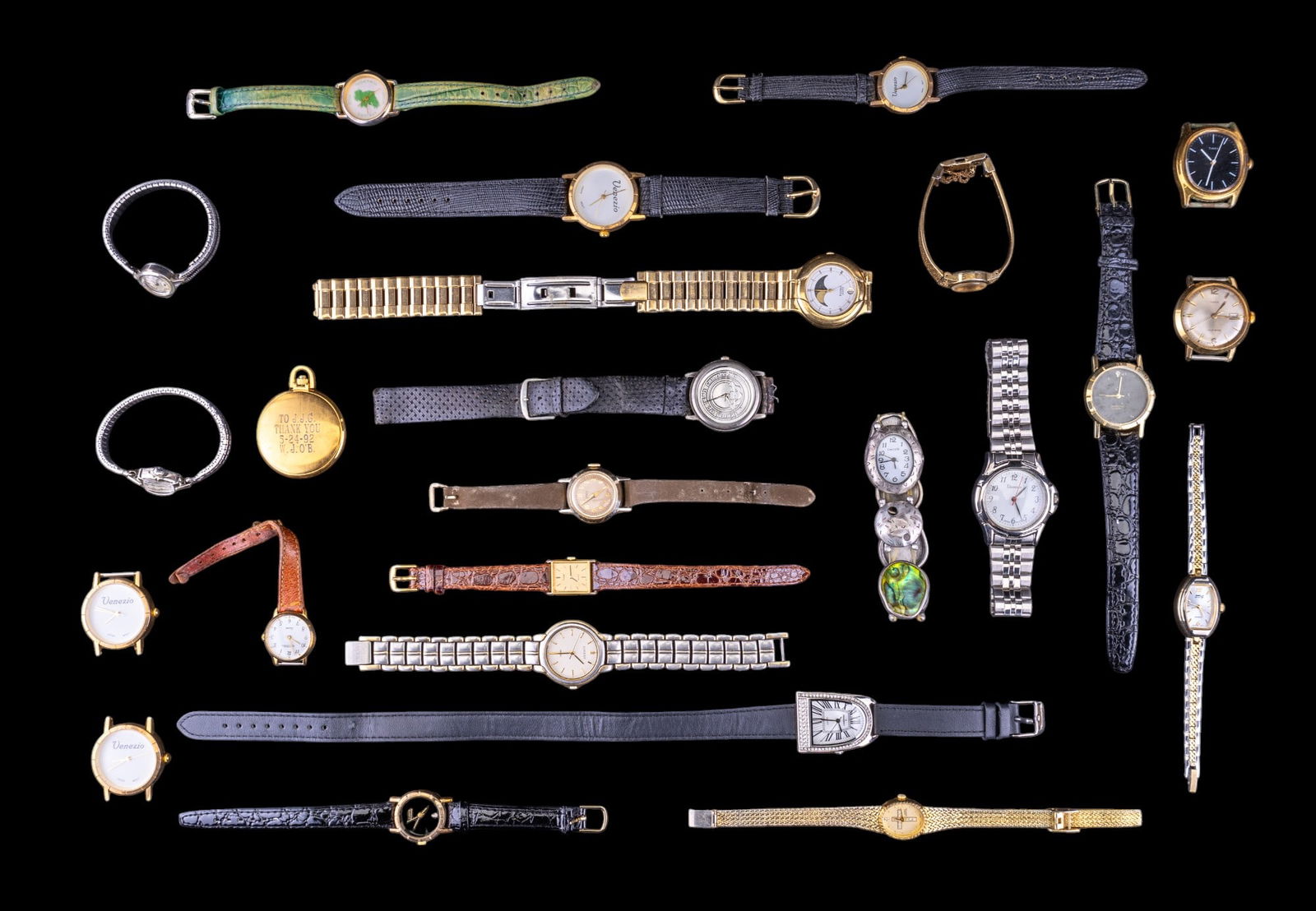 Seiko Lucent, Pulsar, Venezio, Other Wrist Watches: Collection of 23 wrist watches of various styles & sizes. Watches include Seiko Lucent, Pulsar, Timex, Venezio, Chico's, & more. Also included is a Colibri Quartz gold tone pocket watch approx. 1.5" i