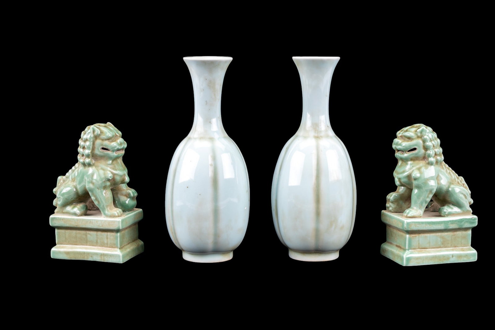 Chinese Celadon Foo Lion Statues + Lobed Vase Pair (1 of 11)