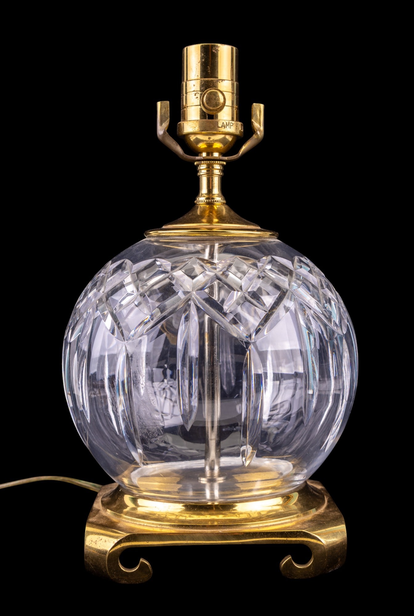 Waterford Crystal Belly Lamp: Waterford cut crystal spherical belly lamp with brass base made by Crescent Brass Mfg., untested, measures approx. 12" H to the socket.